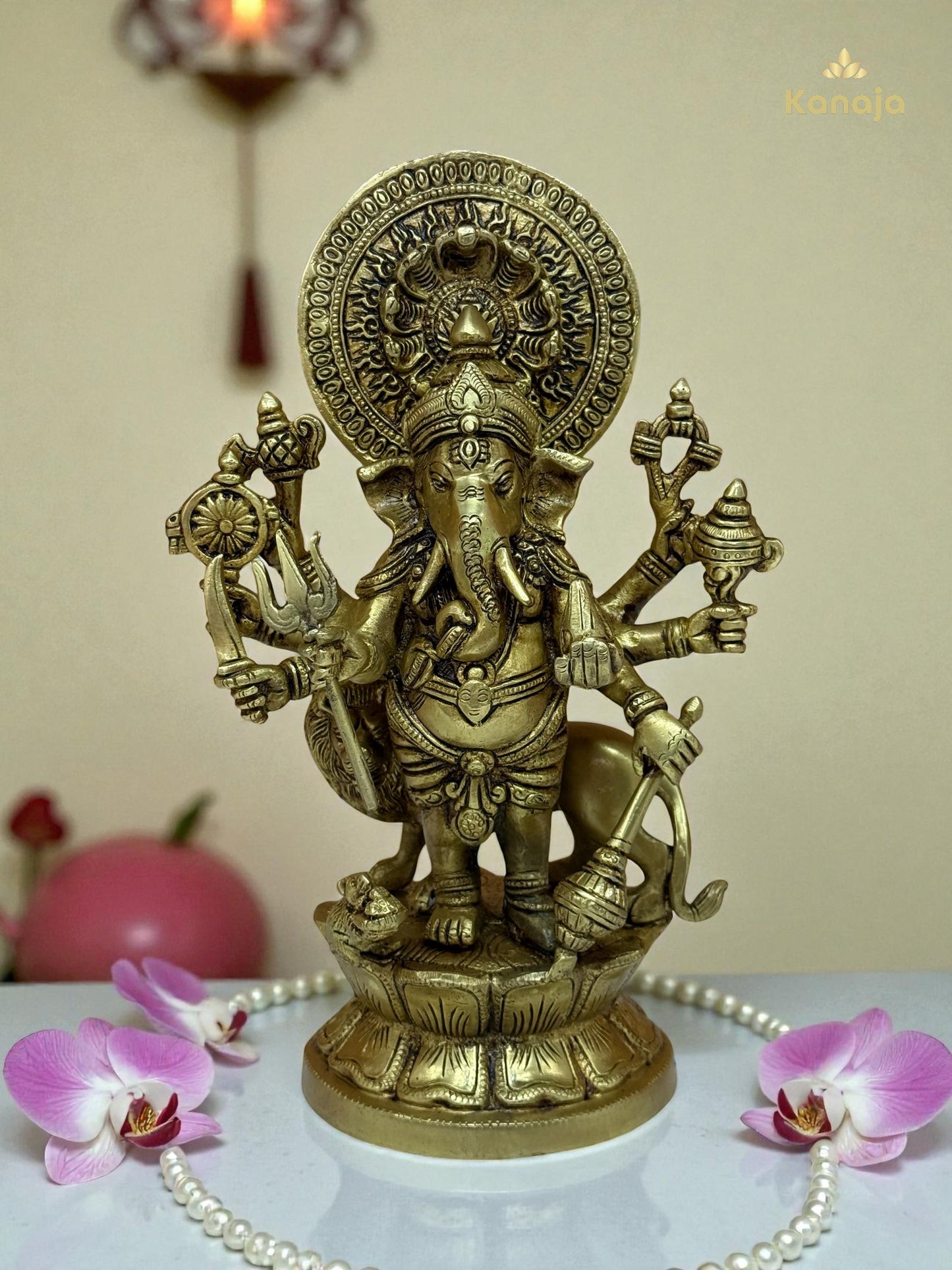 Handcrafted Brass Vijaya Ganapati (Victorious Ganesha) Statue - 8-Armed Protector Idol