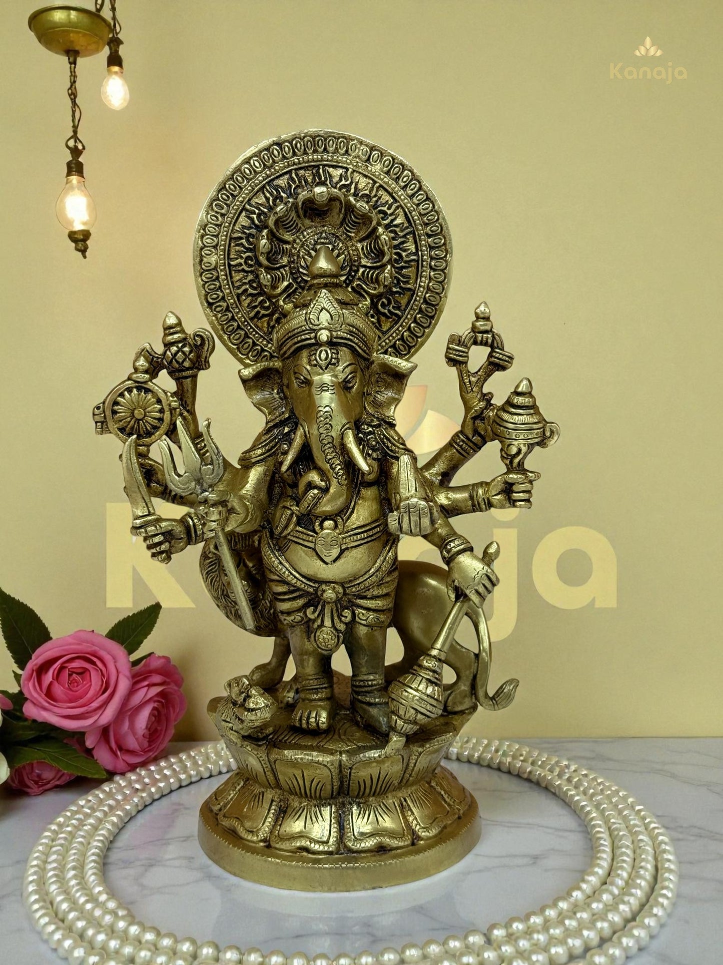 Handcrafted Brass Vijaya Ganapati (Victorious Ganesha) Statue - 8-Armed Protector Idol