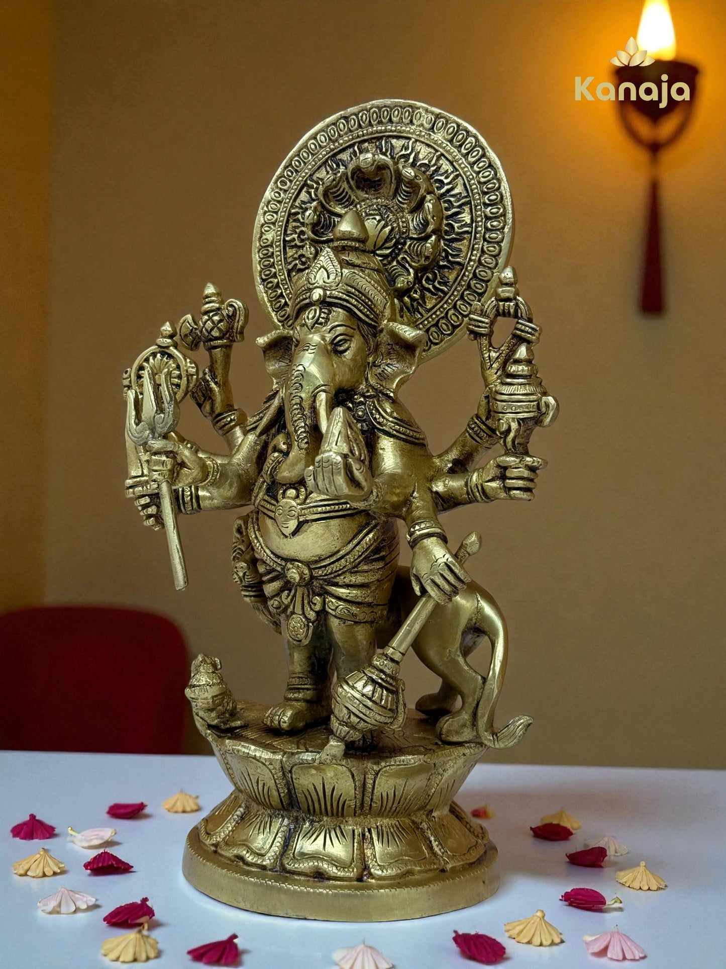 Handcrafted Brass Vijaya Ganapati (Victorious Ganesha) Statue - 8-Armed Protector Idol