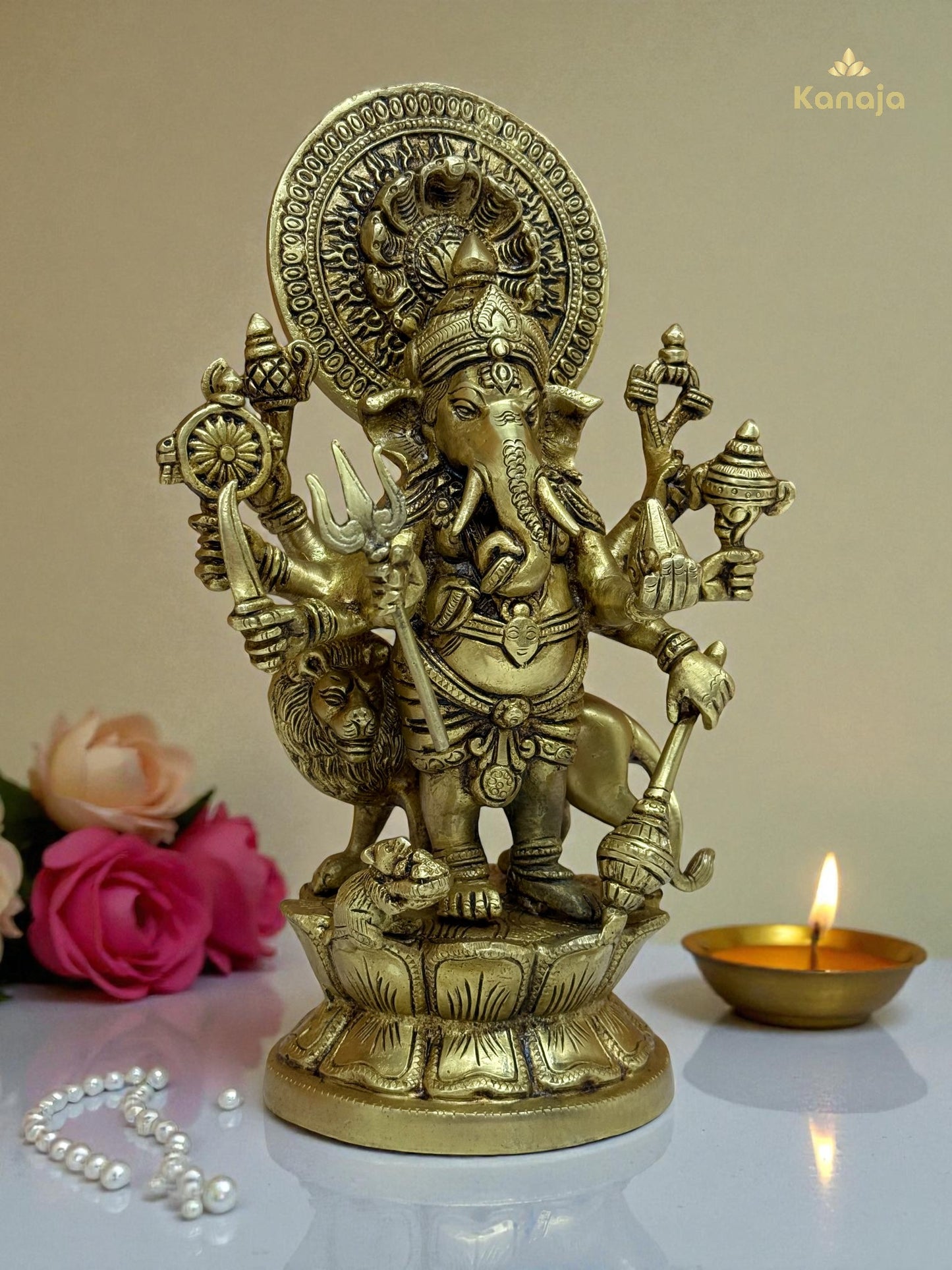 Handcrafted Brass Vijaya Ganapati (Victorious Ganesha) Statue - 8-Armed Protector Idol