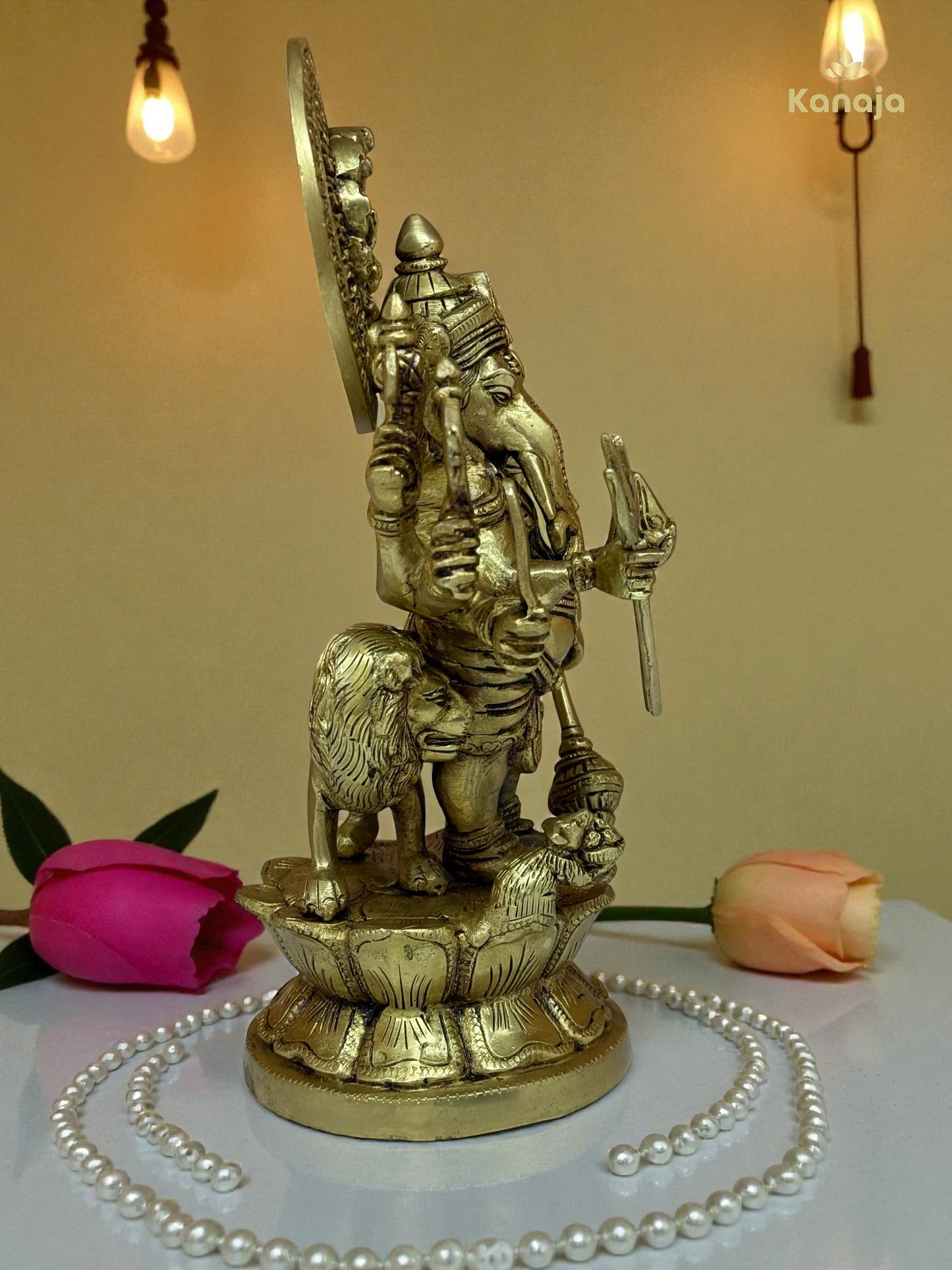 Handcrafted Brass Vijaya Ganapati (Victorious Ganesha) Statue - 8-Armed Protector Idol