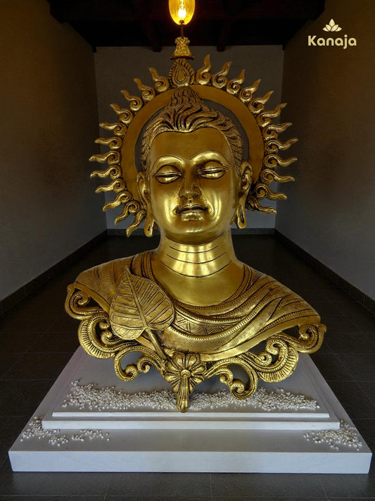 Brass Lord Buddha Wall Hanging with Bodhi Leaf and Sun Aura