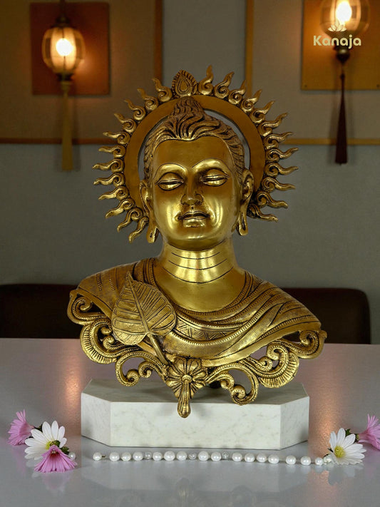 Brass Lord Buddha Wall Hanging with Bodhi Leaf and Sun Aura