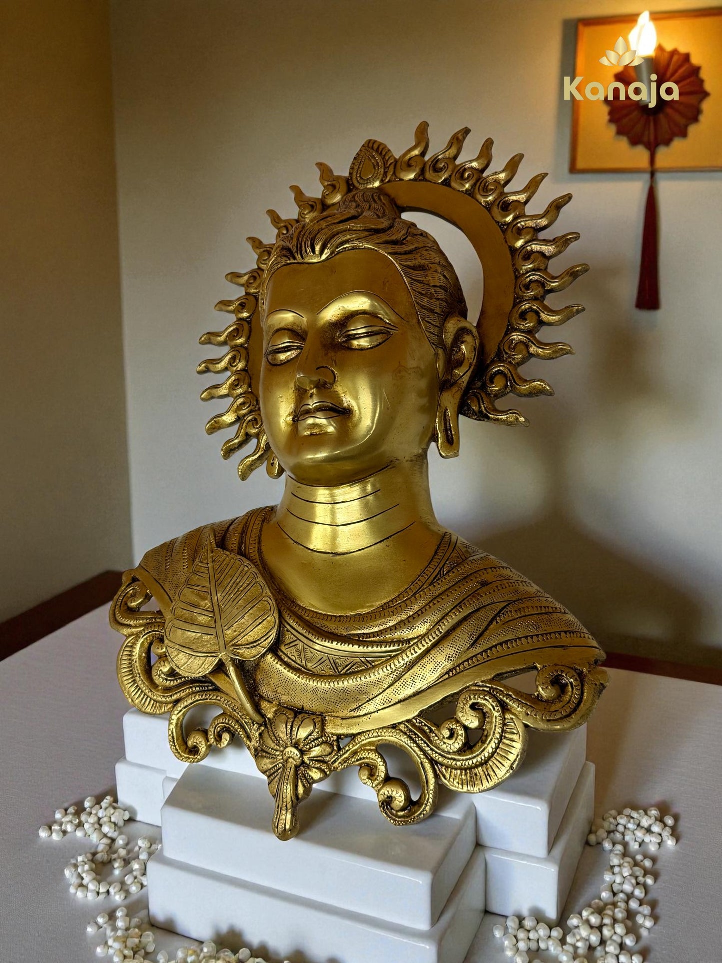 Brass Lord Buddha Wall Hanging with Bodhi Leaf and Sun Aura