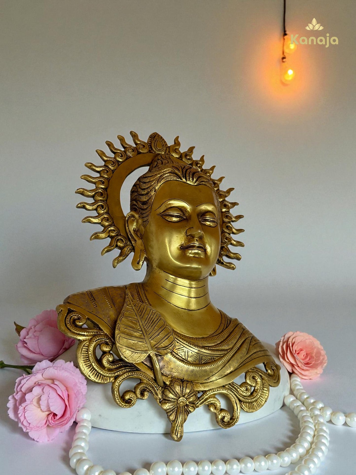 Brass Lord Buddha Wall Hanging with Bodhi Leaf and Sun Aura
