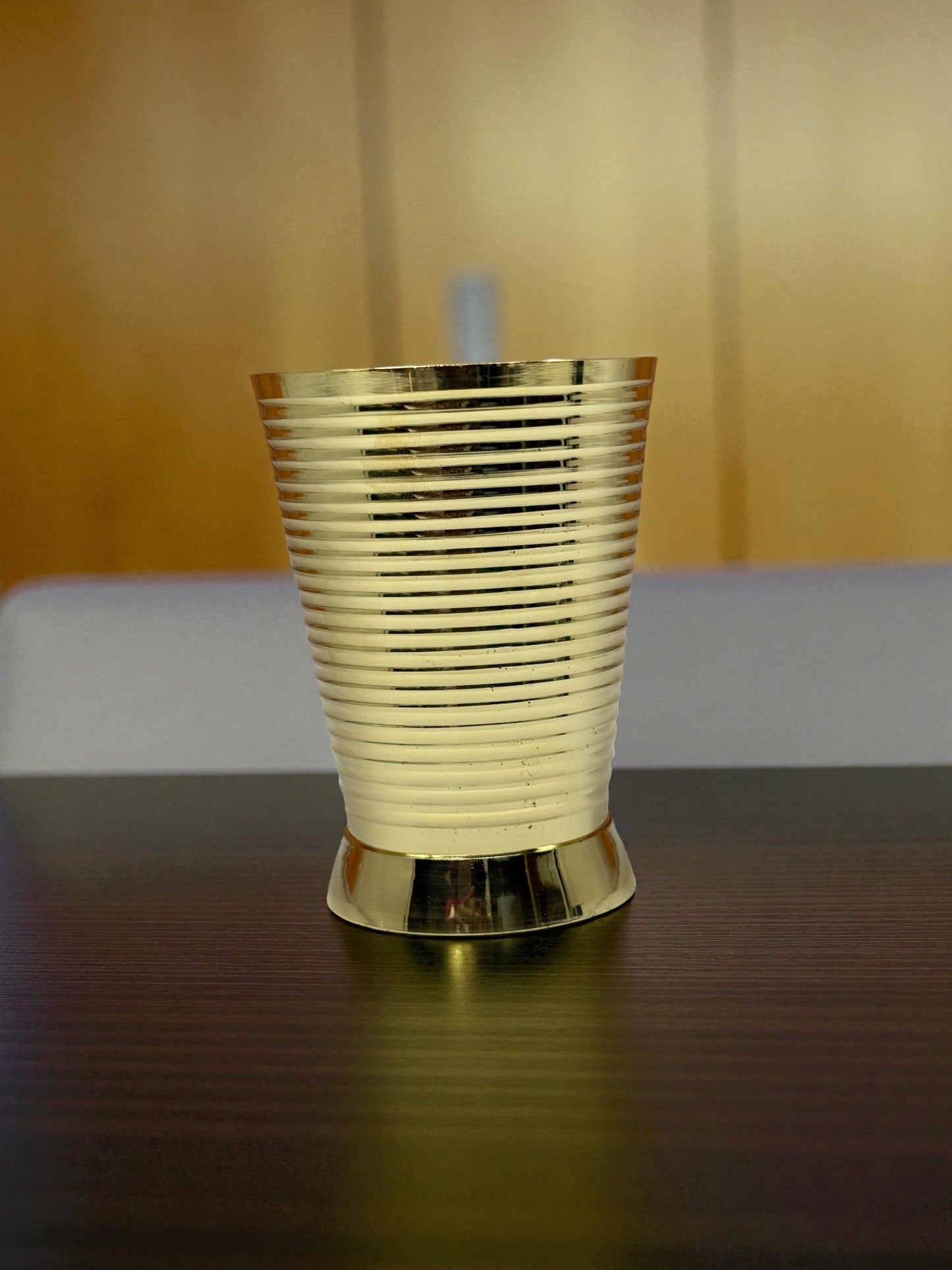 Golden Ribbed Brass Tumbler – Handcrafted | Premium Brass | Elegant Ribbed Finish