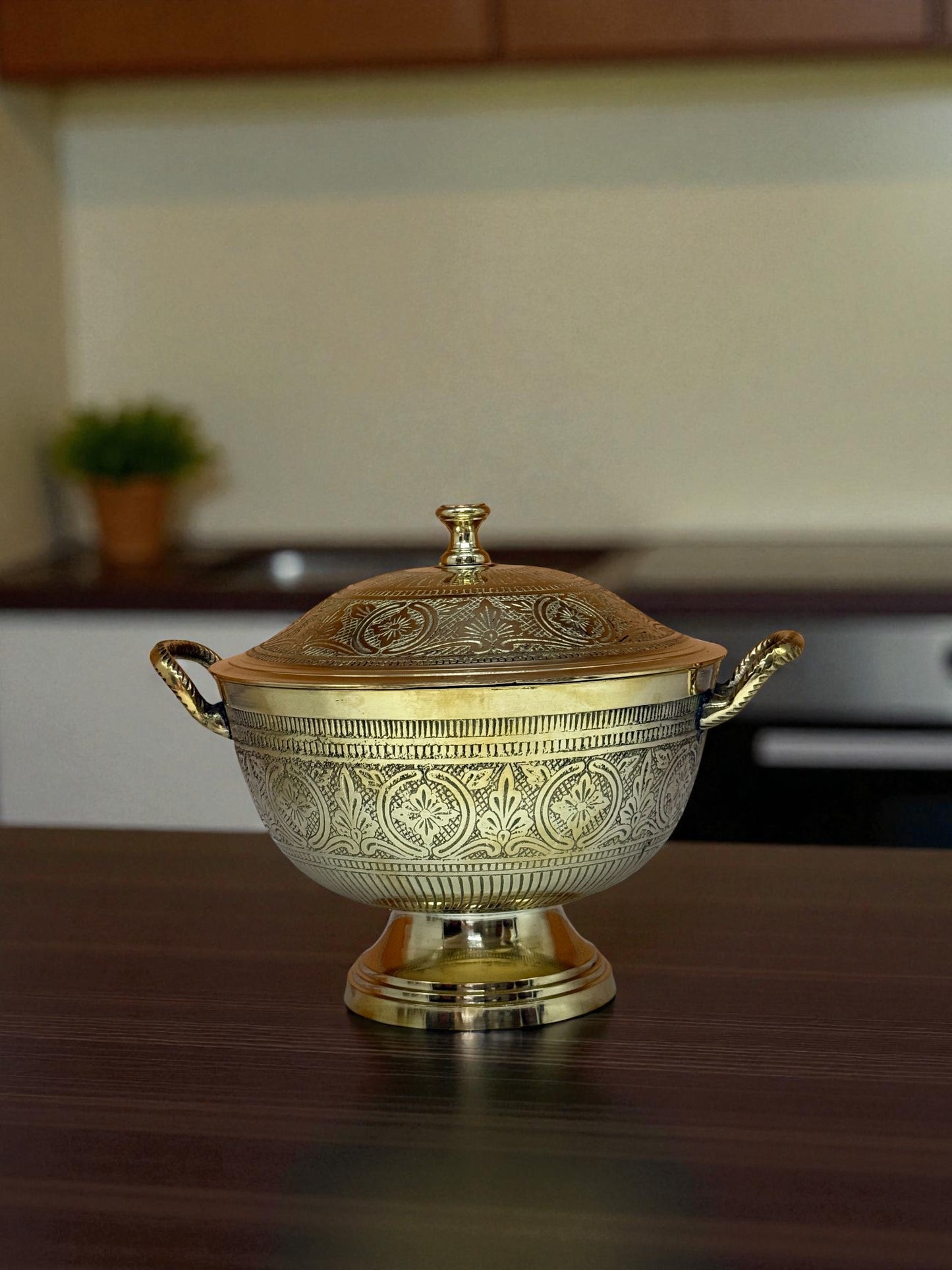 Brass Serving Bowl with Lid and Intricate Engravings – Premium Handcrafted Brassware | Decorative & Functional