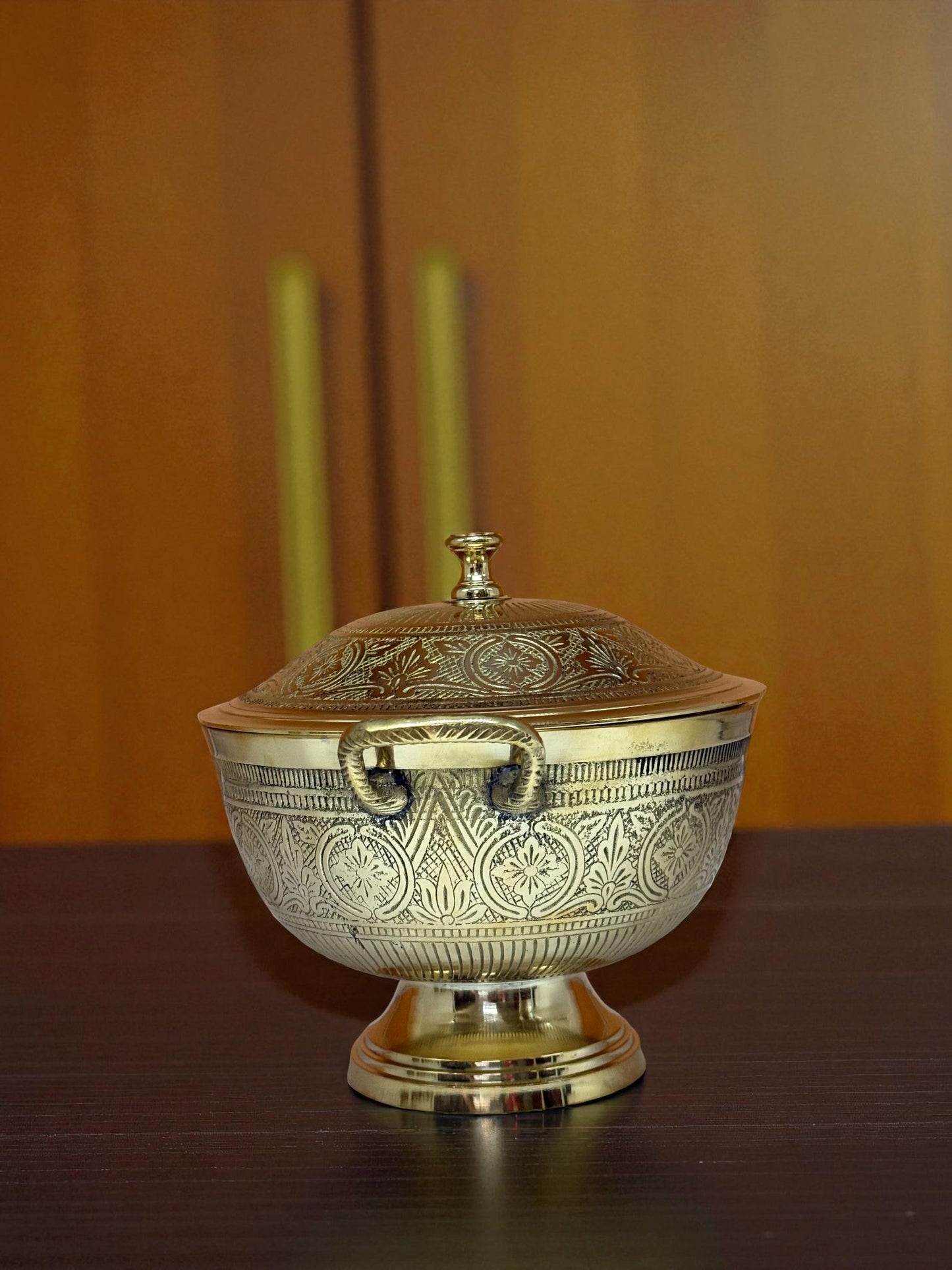 Brass Serving Bowl with Lid and Intricate Engravings – Premium Handcrafted Brassware | Decorative & Functional