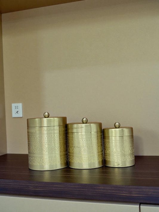 Exquisite Hand-Etched Brass Storage Canisters - Set of 3