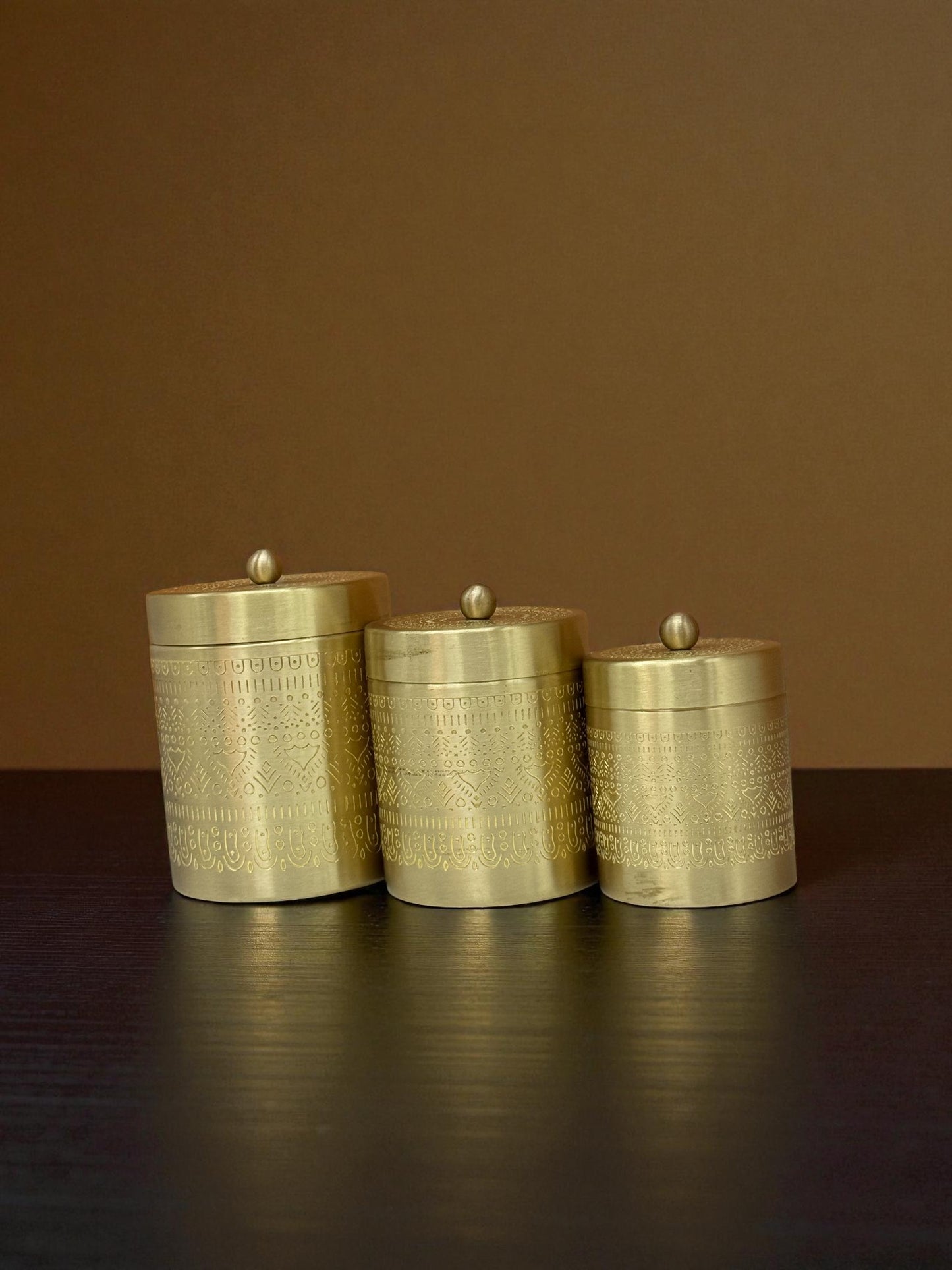 Exquisite Hand-Etched Brass Storage Canisters - Set of 3