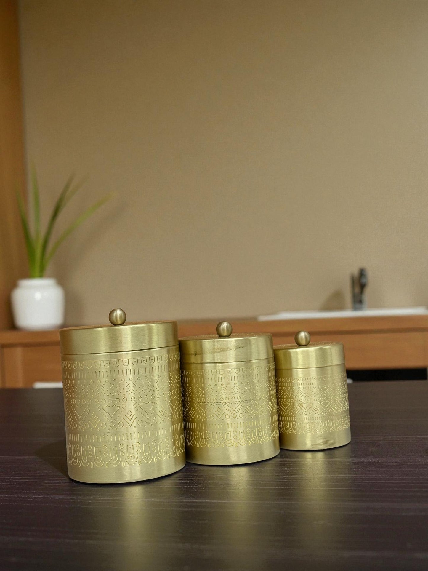 Exquisite Hand-Etched Brass Storage Canisters - Set of 3