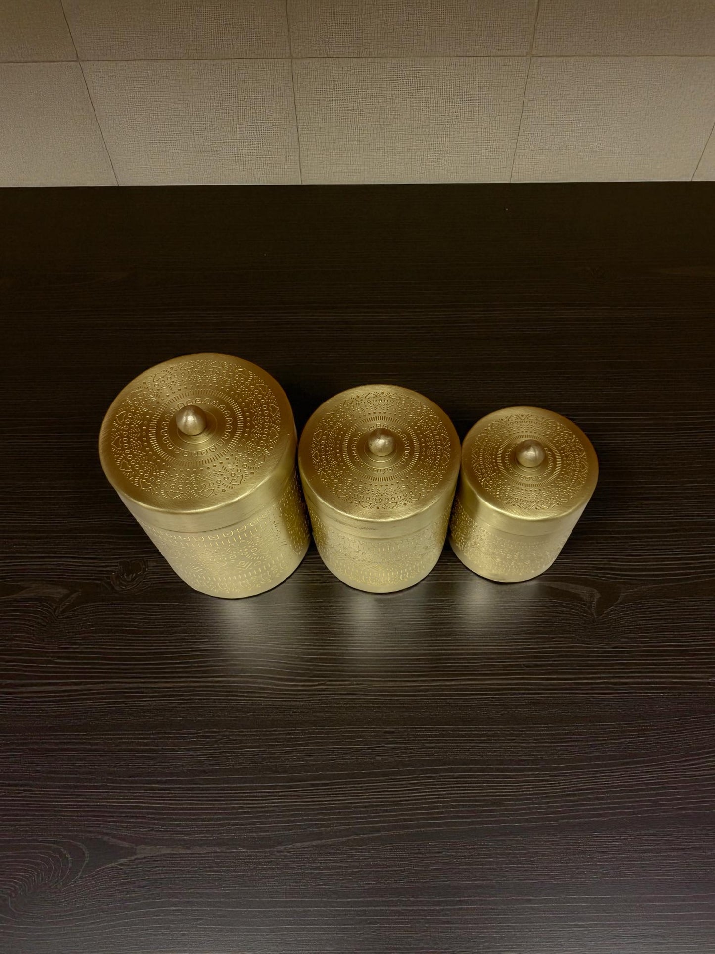 Exquisite Hand-Etched Brass Storage Canisters - Set of 3