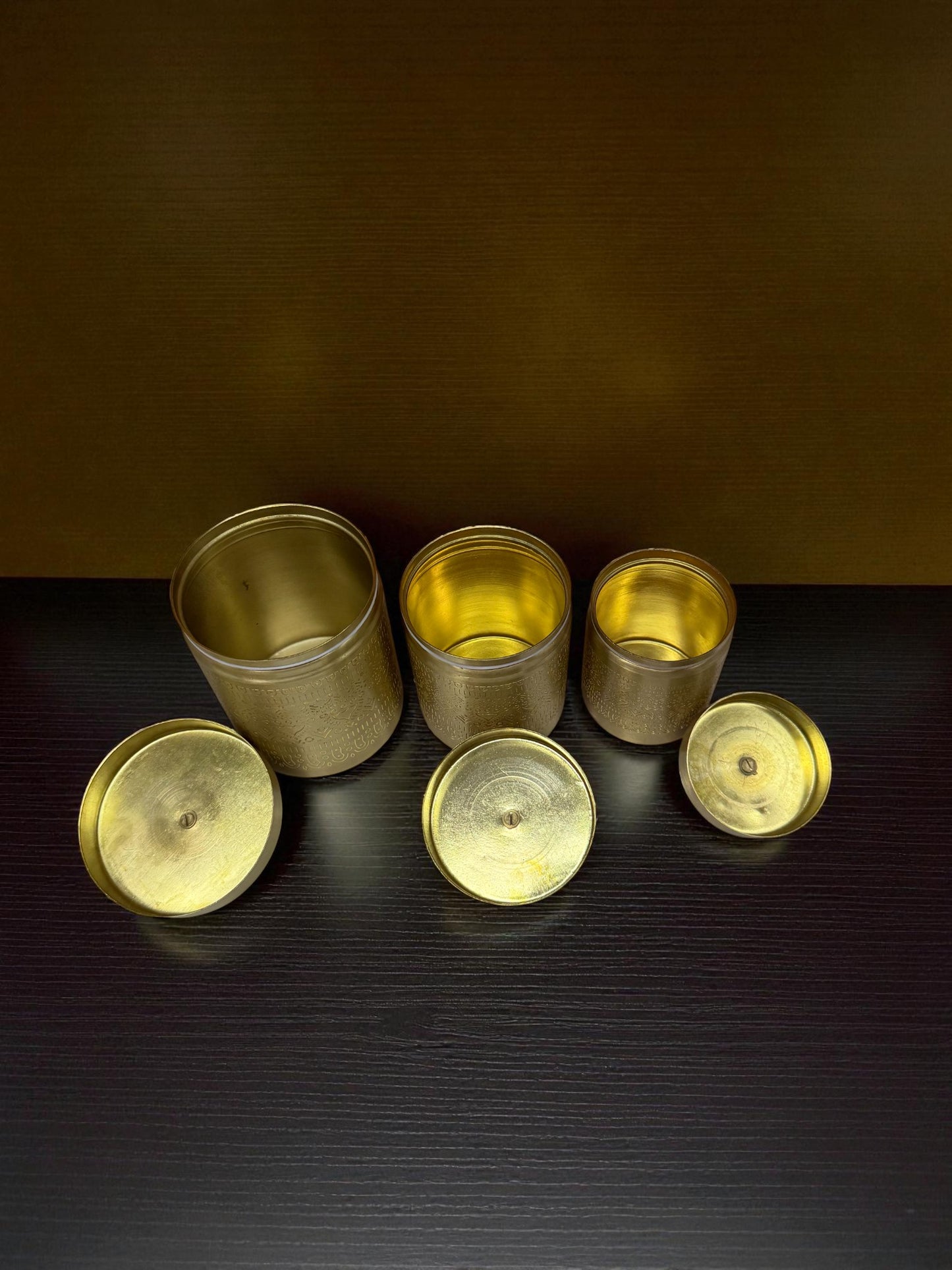 Exquisite Hand-Etched Brass Storage Canisters - Set of 3