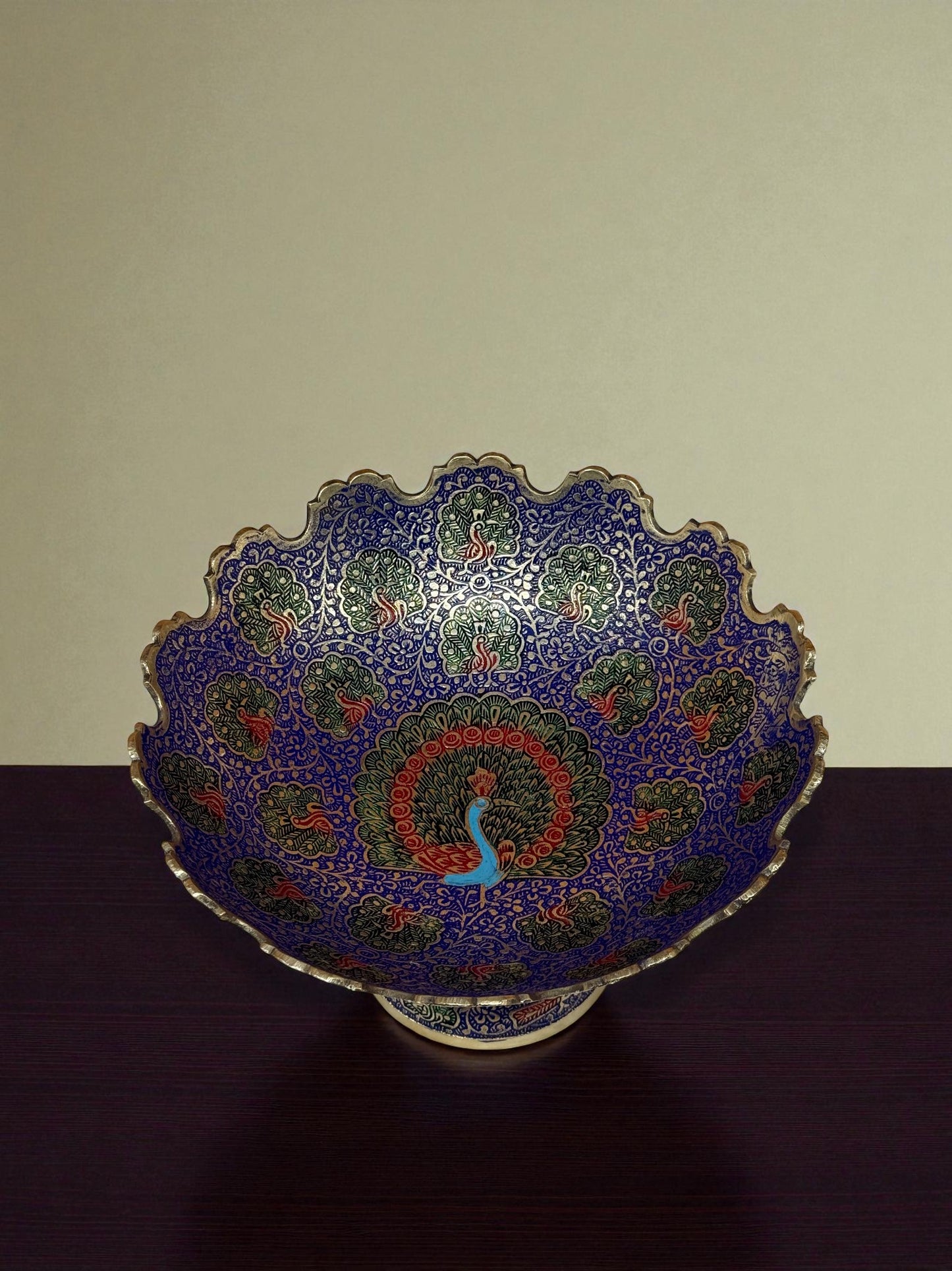 Exquisite Hand-Painted Enamel Brass Decorative Bowl – Peacock Motif