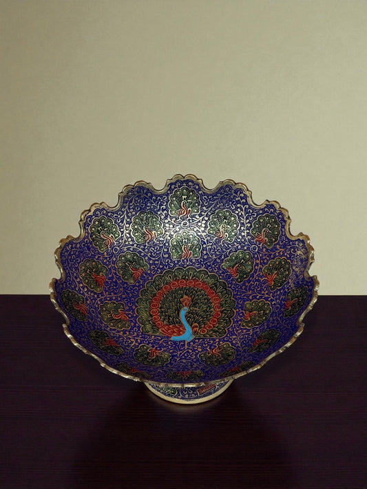 Exquisite Hand-Painted Enamel Brass Decorative Bowl – Peacock Motif