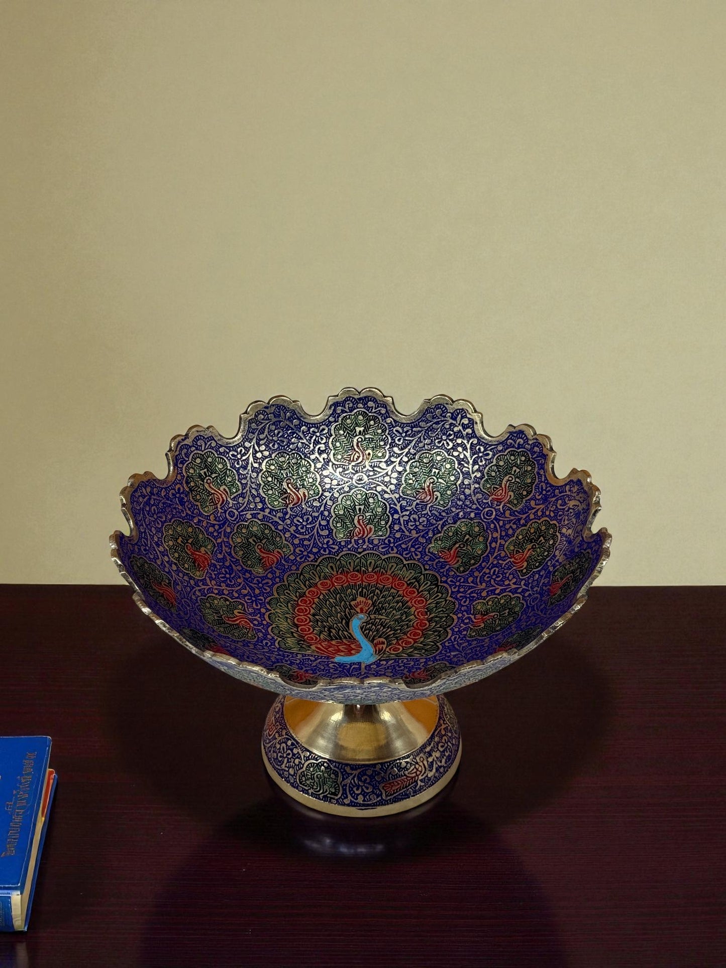 Exquisite Hand-Painted Enamel Brass Decorative Bowl – Peacock Motif