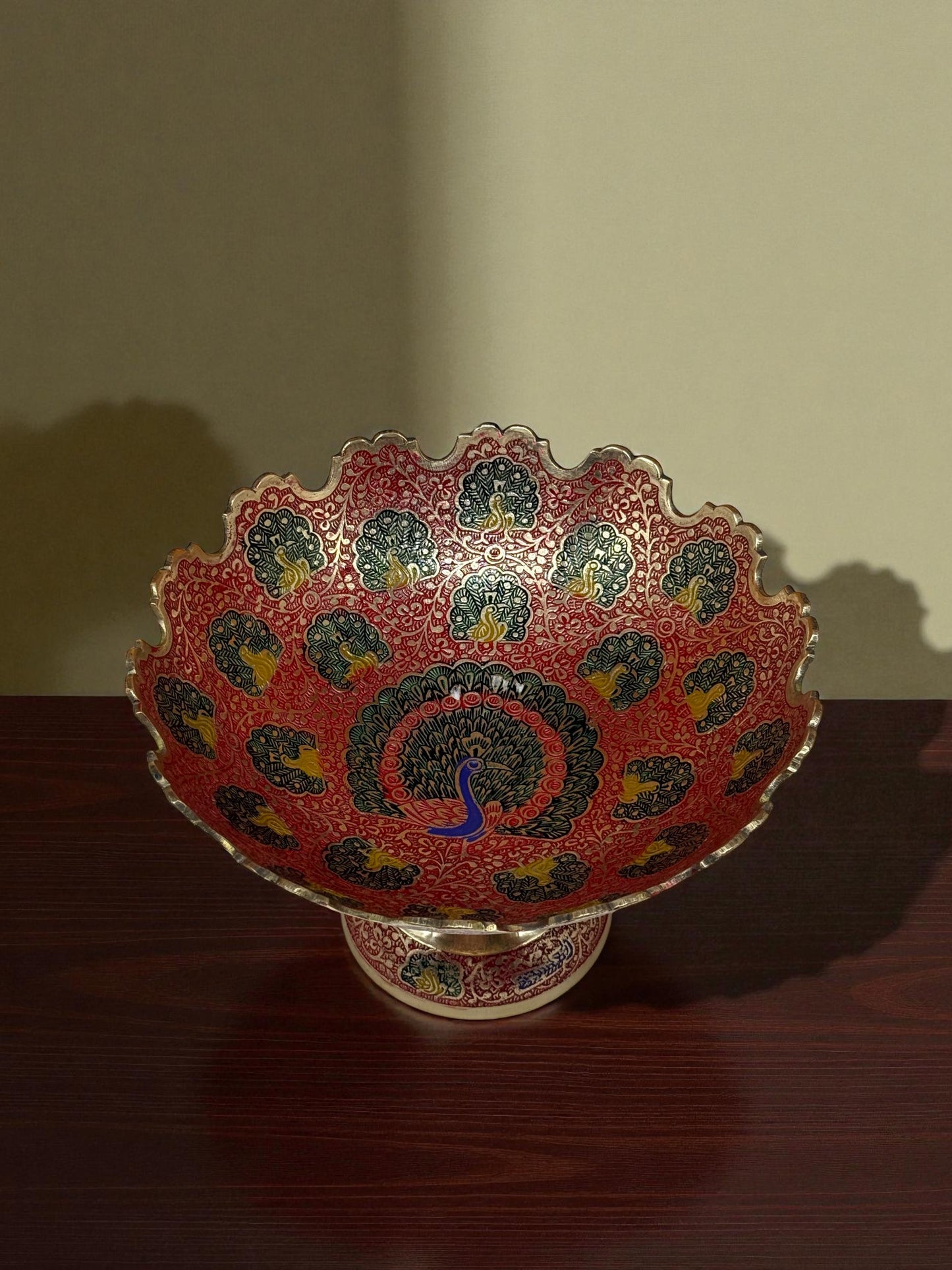 Exquisite Hand-Painted Enamel Brass Decorative Bowl – Peacock Motif