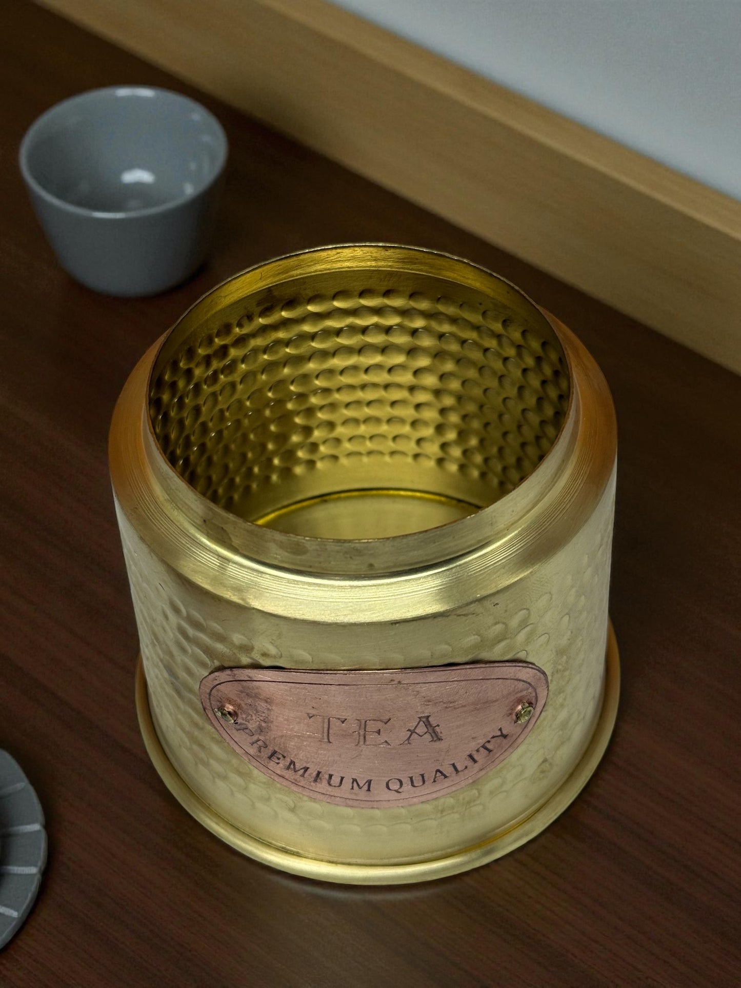 Rustic Hammered Brass Tea Canister with Wooden Lid