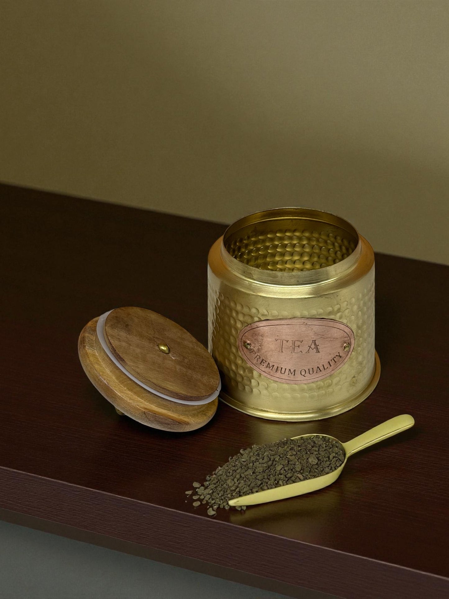 Rustic Hammered Brass Tea Canister with Wooden Lid