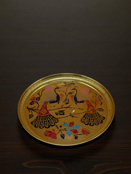 Hand-Painted Brass Peacock Serving Tray – Vintage-Style Decorative Platter (31 cm)