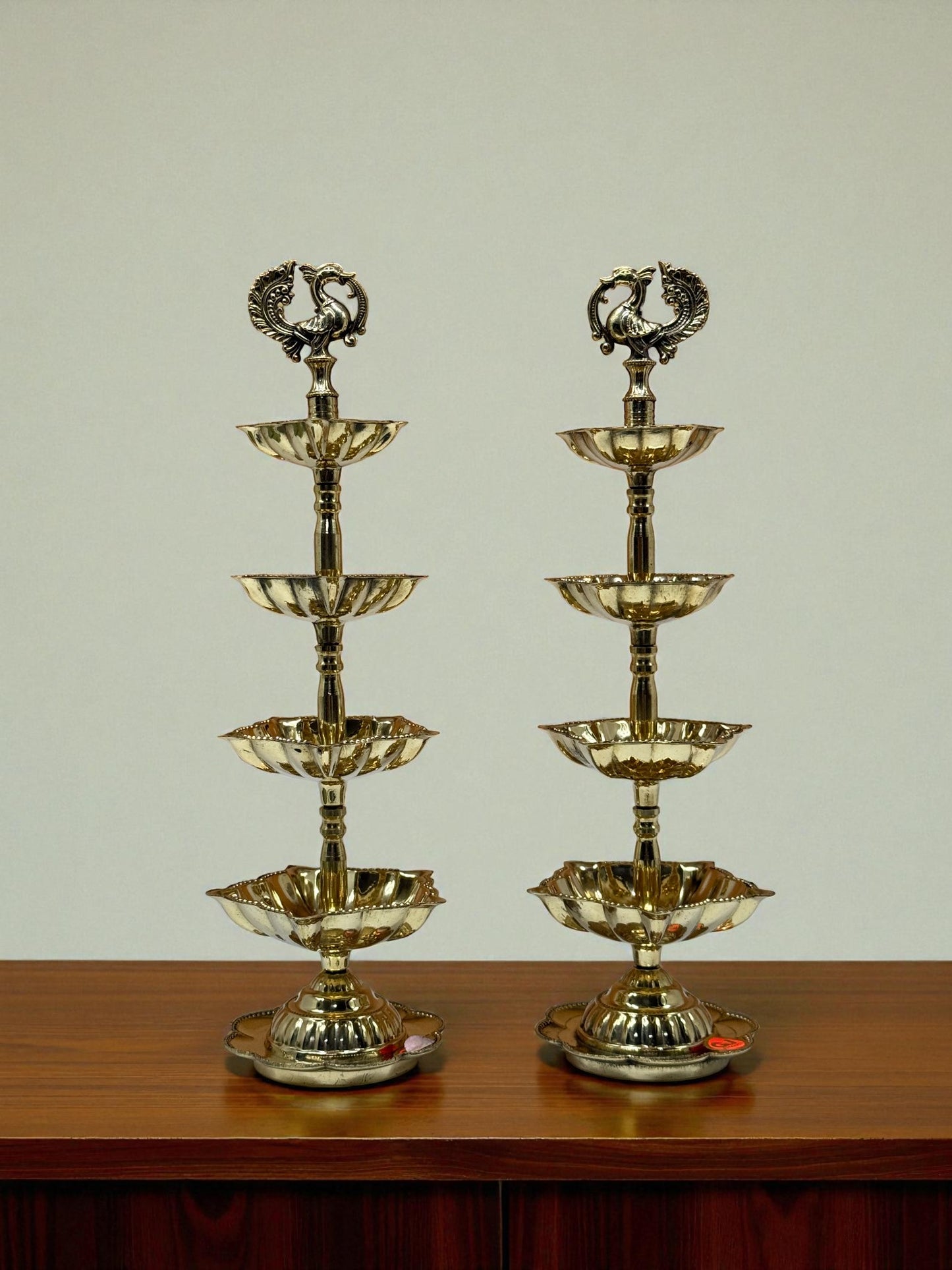 Exquisite Brass Peacock Tiered Deepam / Diya Stand – Set of 2