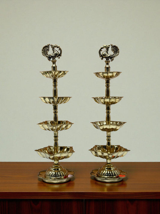Exquisite Brass Peacock Tiered Deepam / Diya Stand – Set of 2