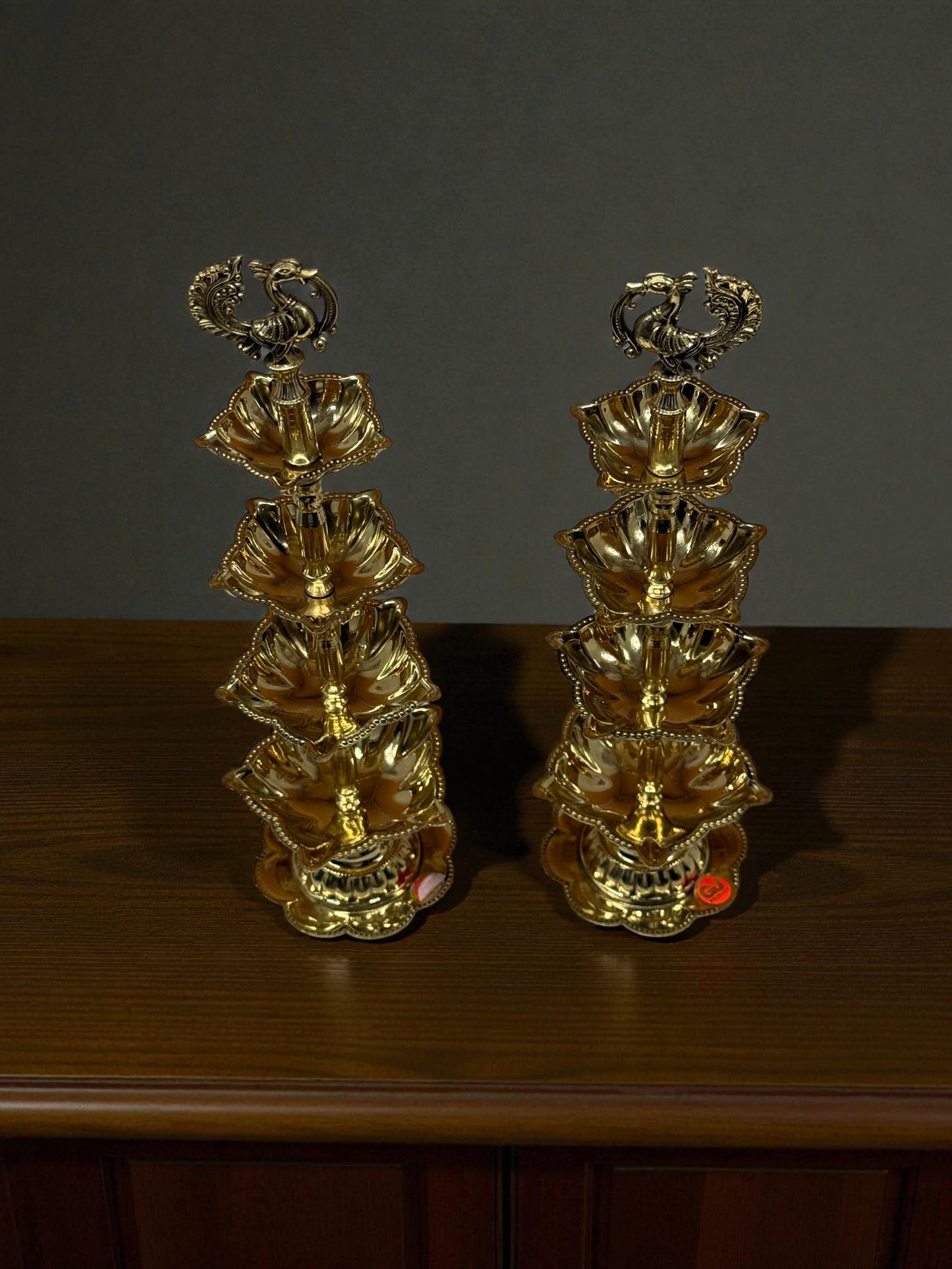 Exquisite Brass Peacock Tiered Deepam / Diya Stand – Set of 2