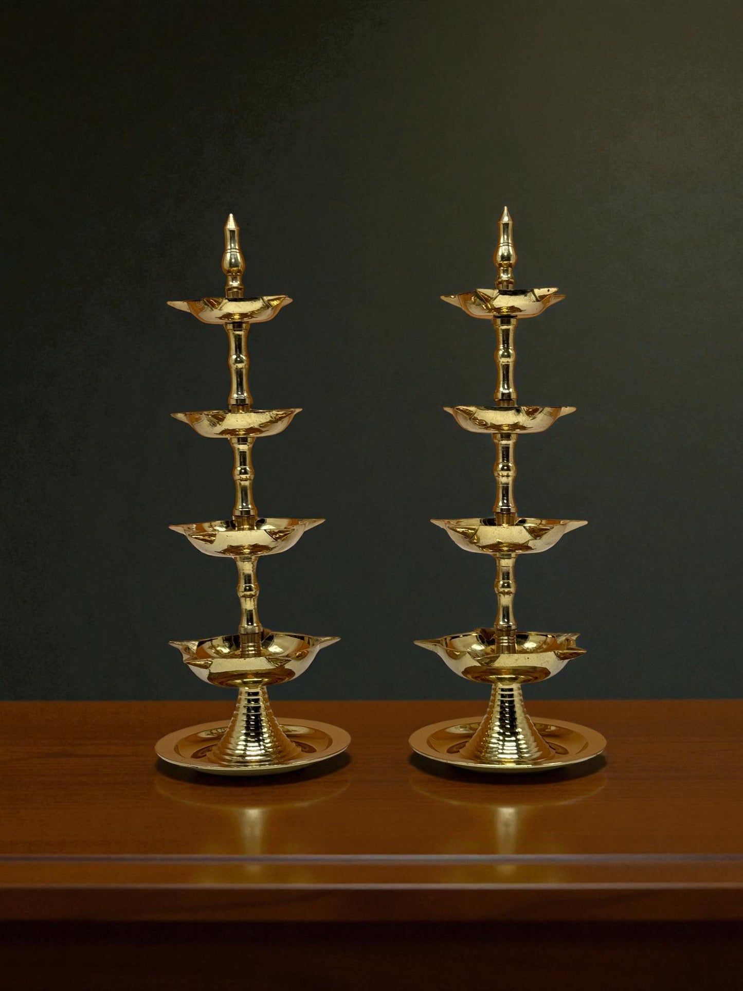 Brass Tiered Oil Lamp (Deepam) Set – Handcrafted Traditional Brass Diya (Set of 2)