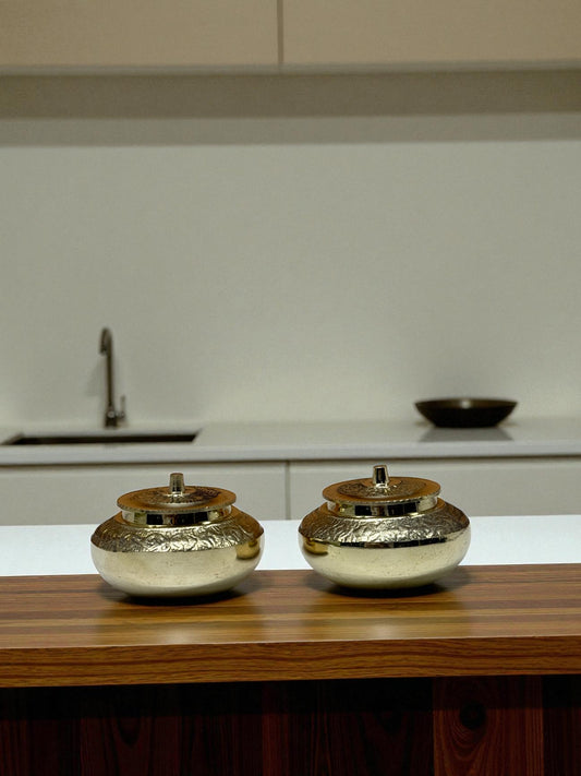 Pair of Engraved Brass Trinket Boxes – Antique Gold Finish Decorative Jars (Set of 2)