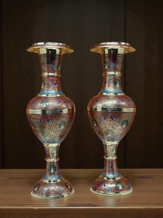 Hand-Painted Brass Vases – Intricate Enamel Artwork (Set of 2)