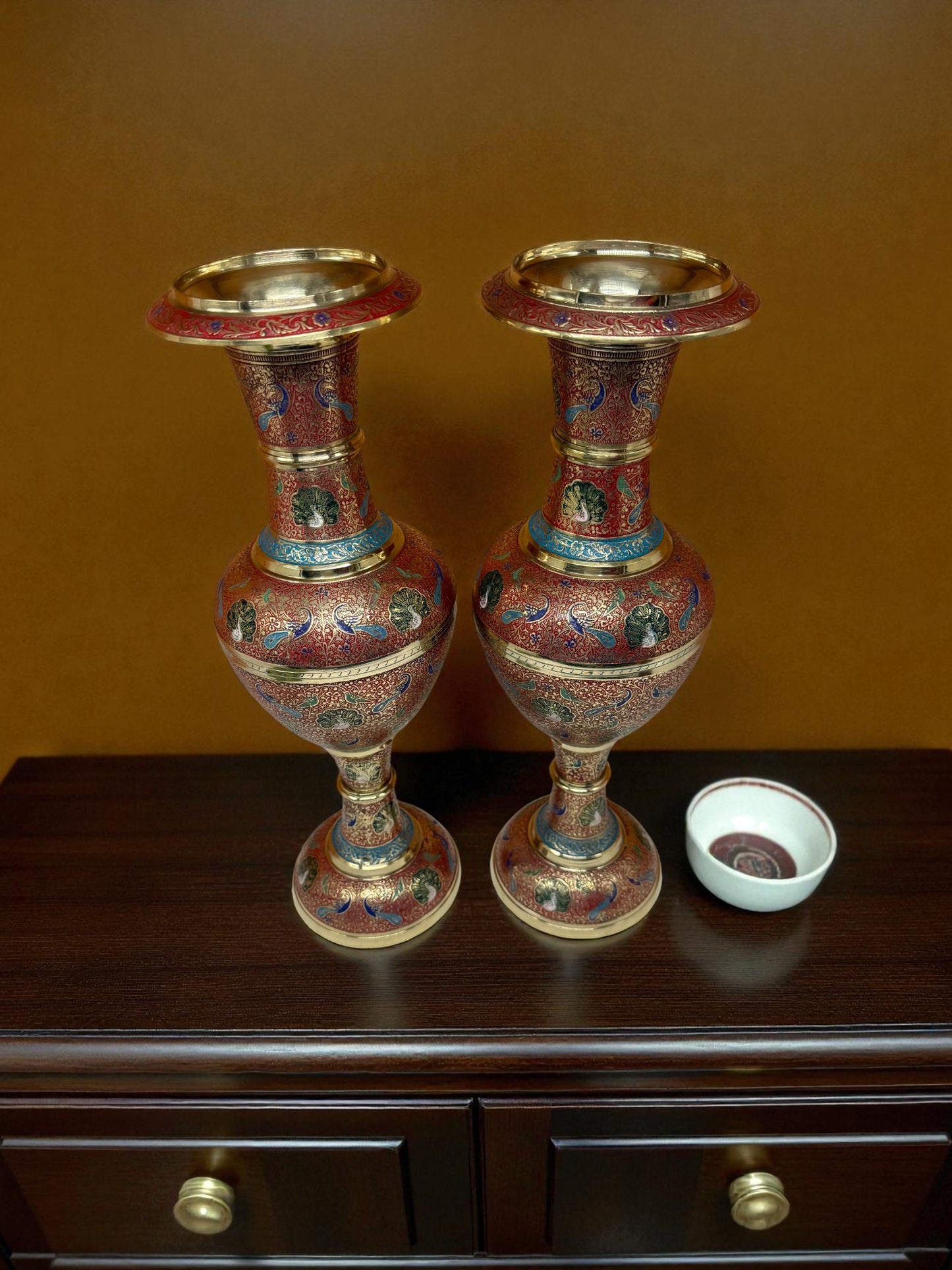 Hand-Painted Brass Vases – Intricate Enamel Artwork (Set of 2)