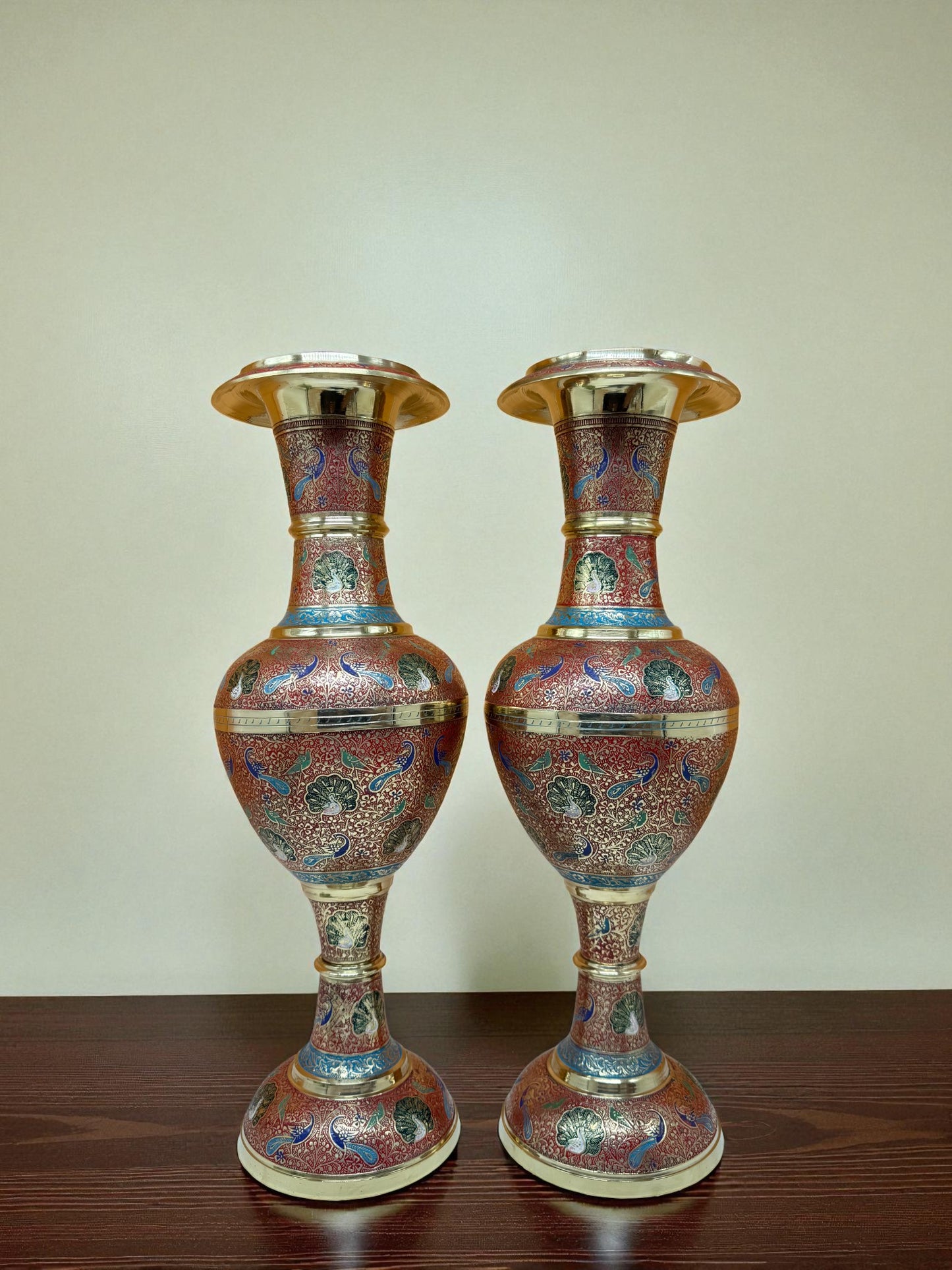 Hand-Painted Brass Vases – Intricate Enamel Artwork (Set of 2)