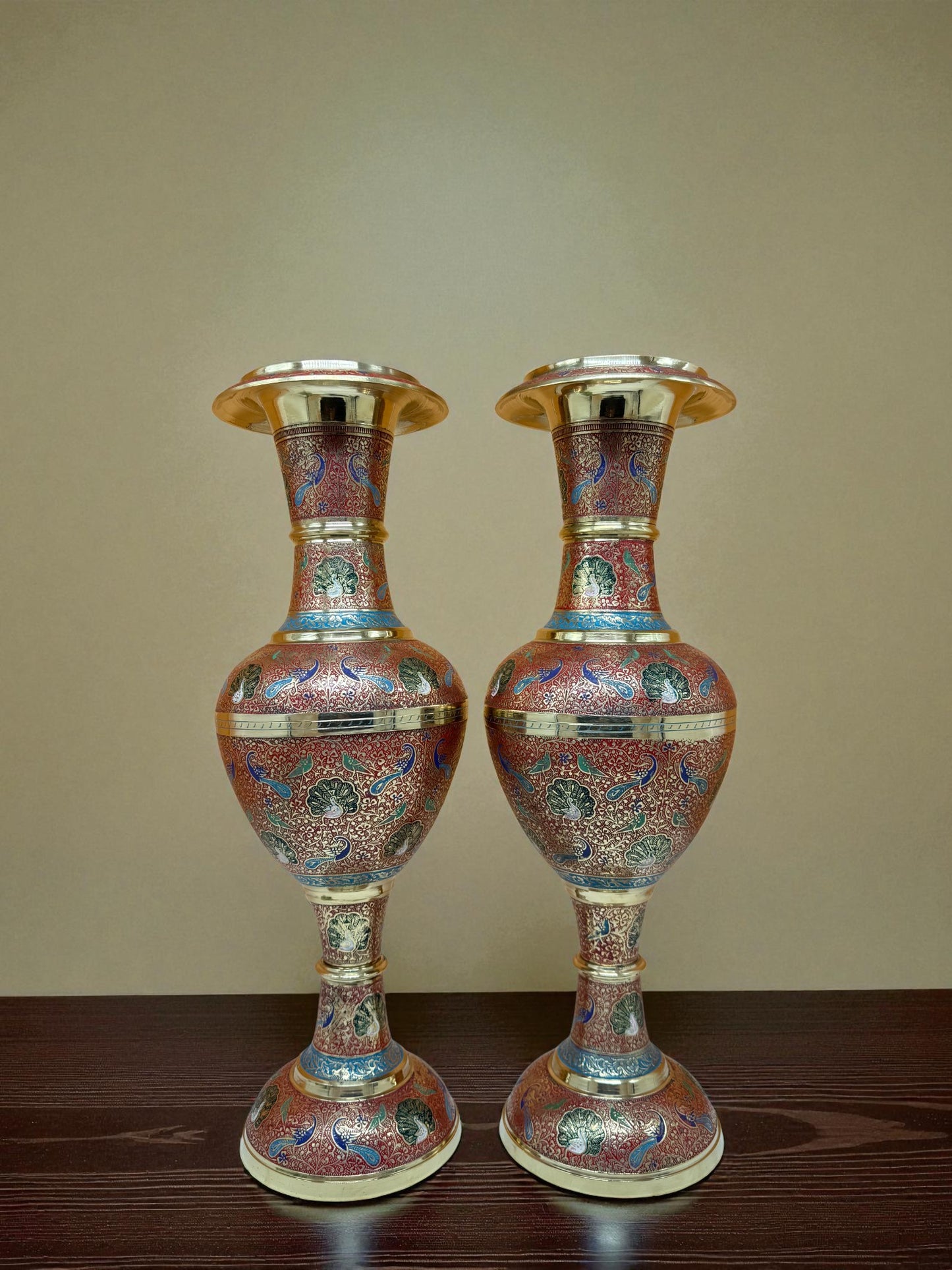 Hand-Painted Brass Vases – Intricate Enamel Artwork (Set of 2)