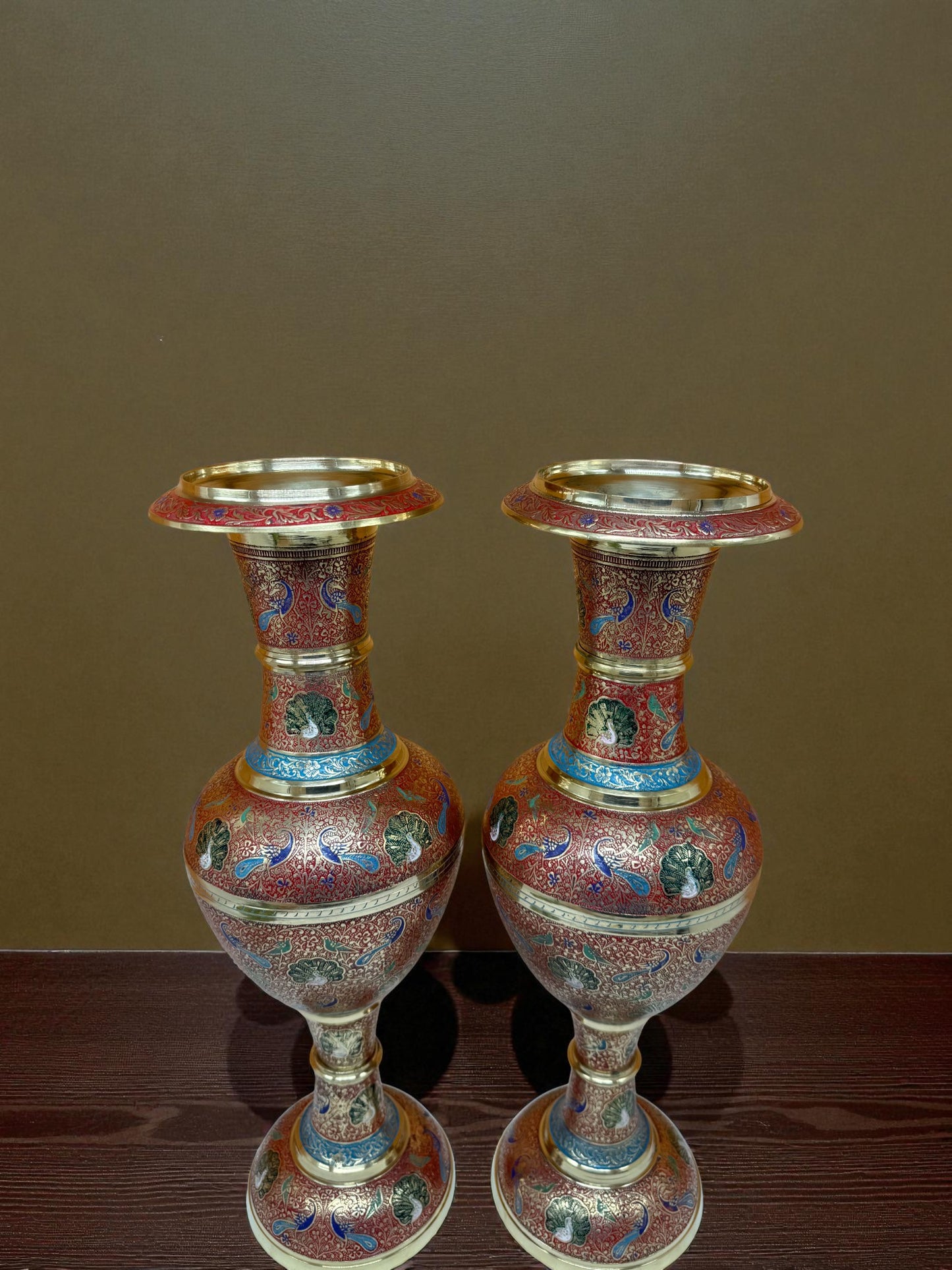 Hand-Painted Brass Vases – Intricate Enamel Artwork (Set of 2)