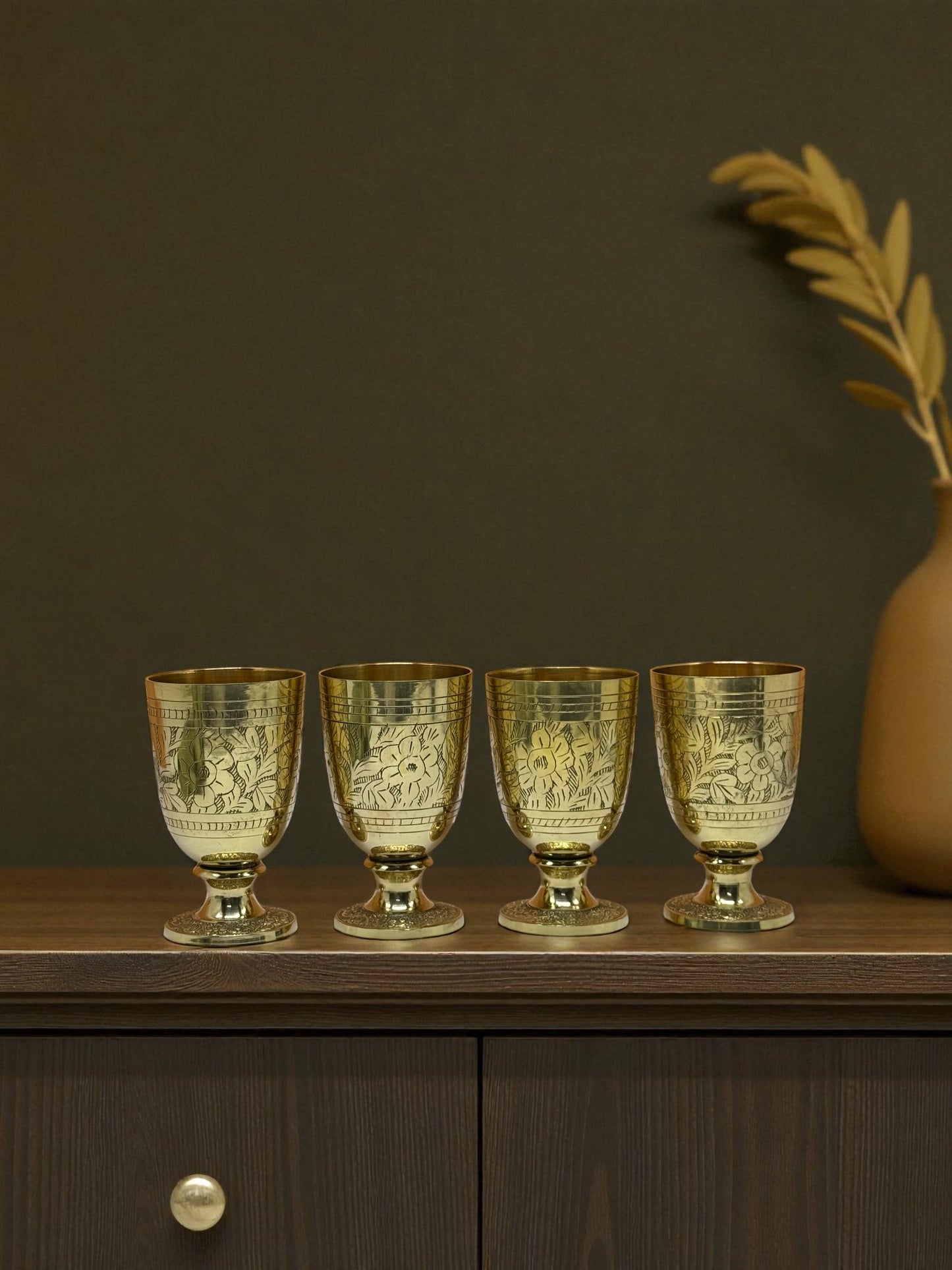 Set of 4 Hand-Engraved Brass Wine Goblets – Royal Vintage Barware Collection