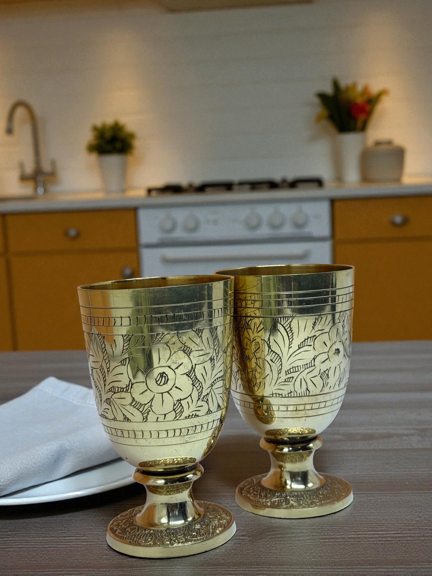 Set of 4 Hand-Engraved Brass Wine Goblets – Royal Vintage Barware Collection