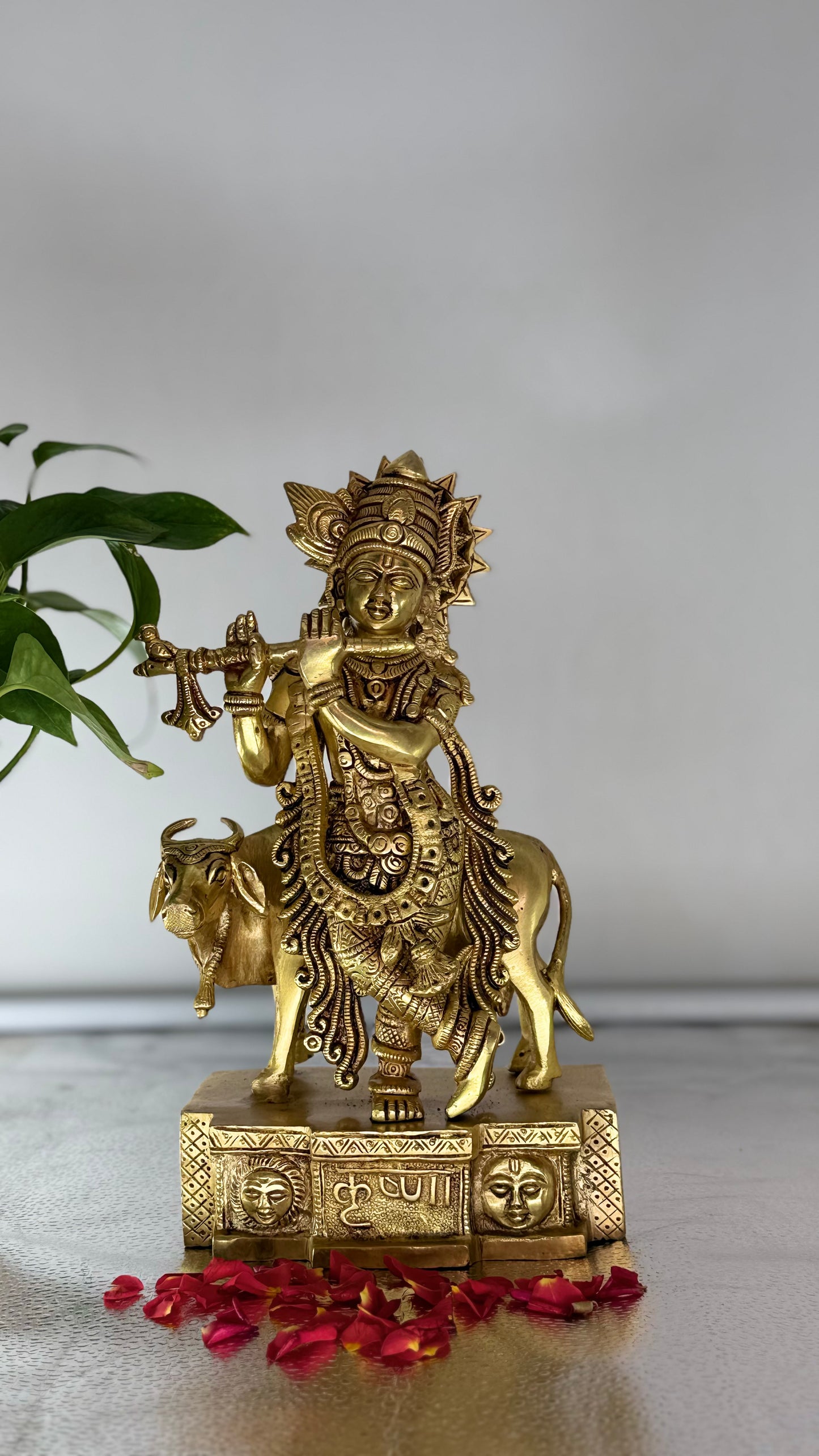 Handcrafted Brass Lord Krishna with Kamdhenu Cow - A Symbol of Love and Prosperity