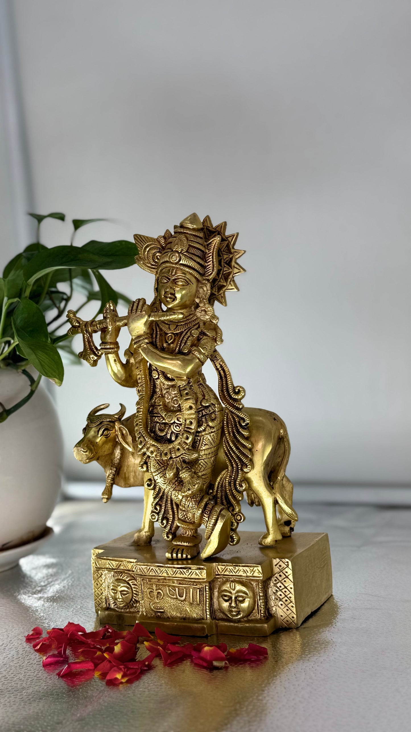 Handcrafted Brass Lord Krishna with Kamdhenu Cow - A Symbol of Love and Prosperity