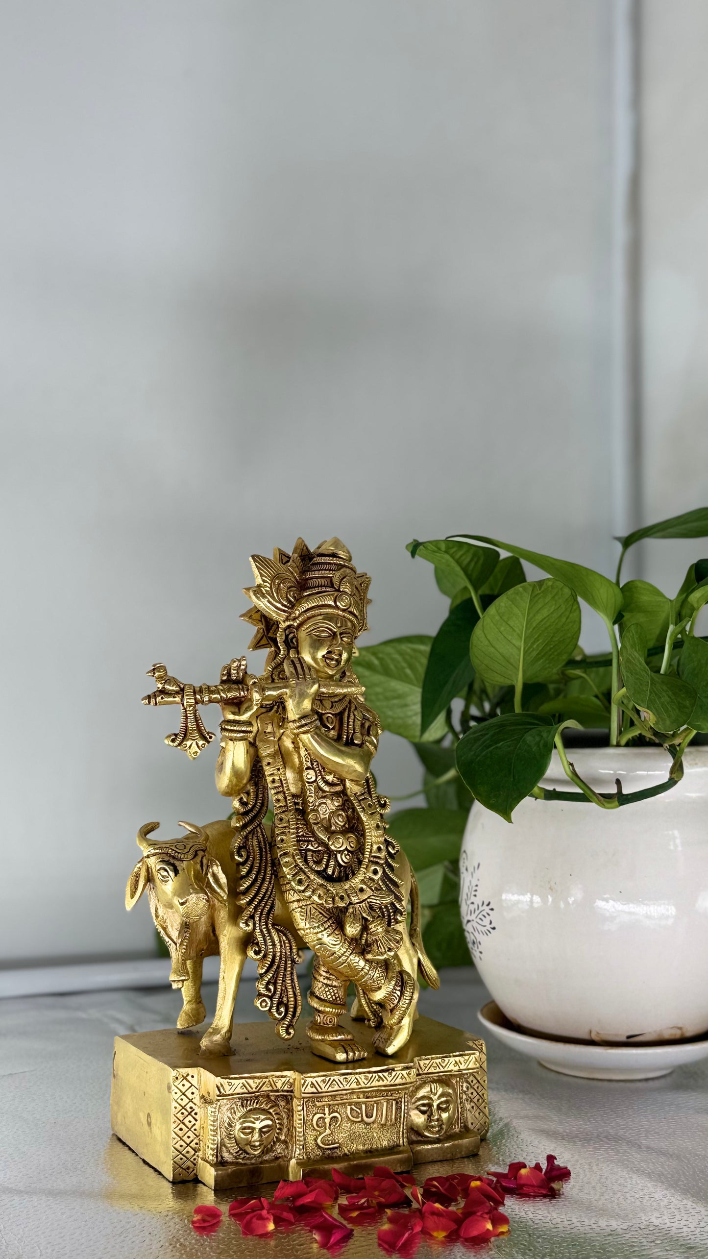 Handcrafted Brass Lord Krishna with Kamdhenu Cow - A Symbol of Love and Prosperity