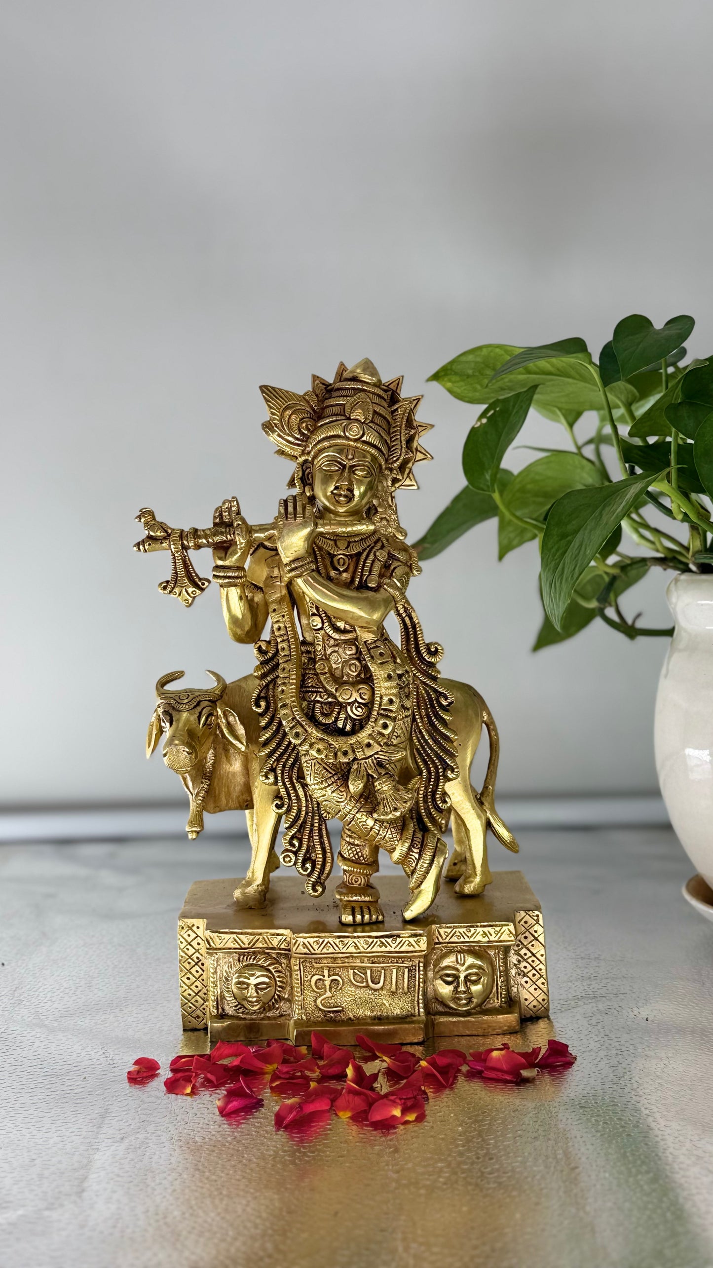 Handcrafted Brass Lord Krishna with Kamdhenu Cow - A Symbol of Love and Prosperity