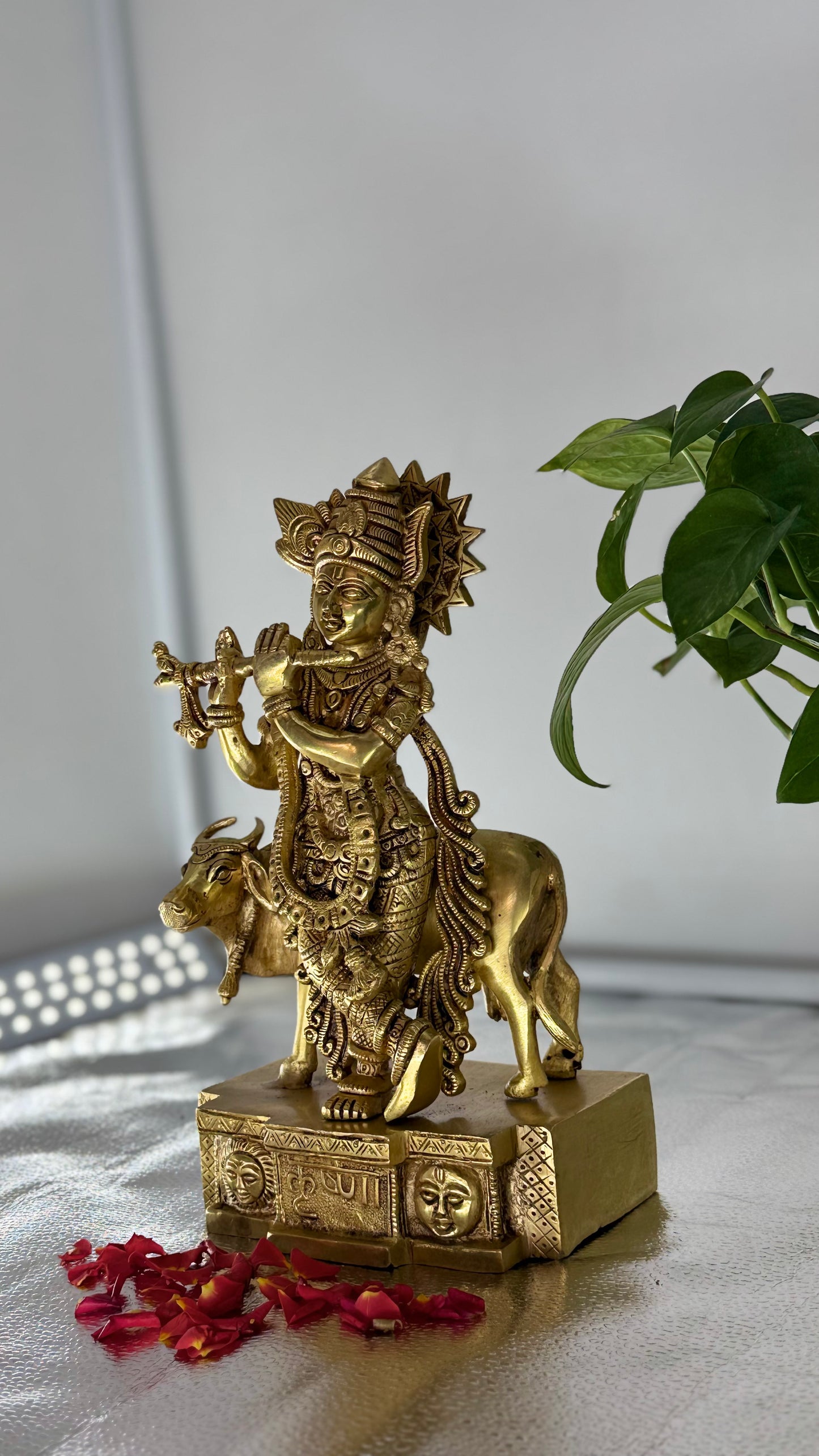 Handcrafted Brass Lord Krishna with Kamdhenu Cow - A Symbol of Love and Prosperity