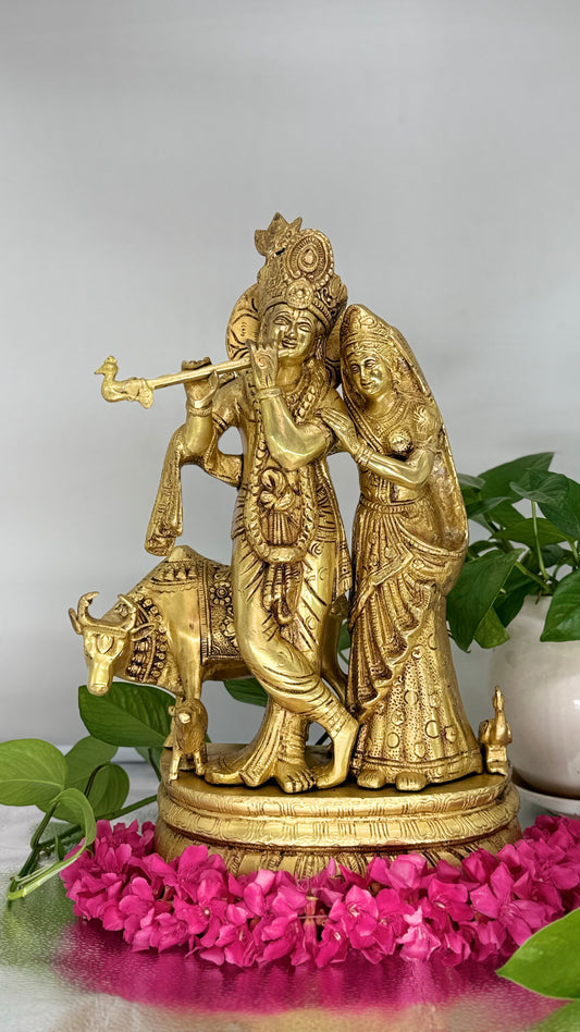 Divine Embrace: Handcrafted Radha Krishna Murti with Sacred Cow
