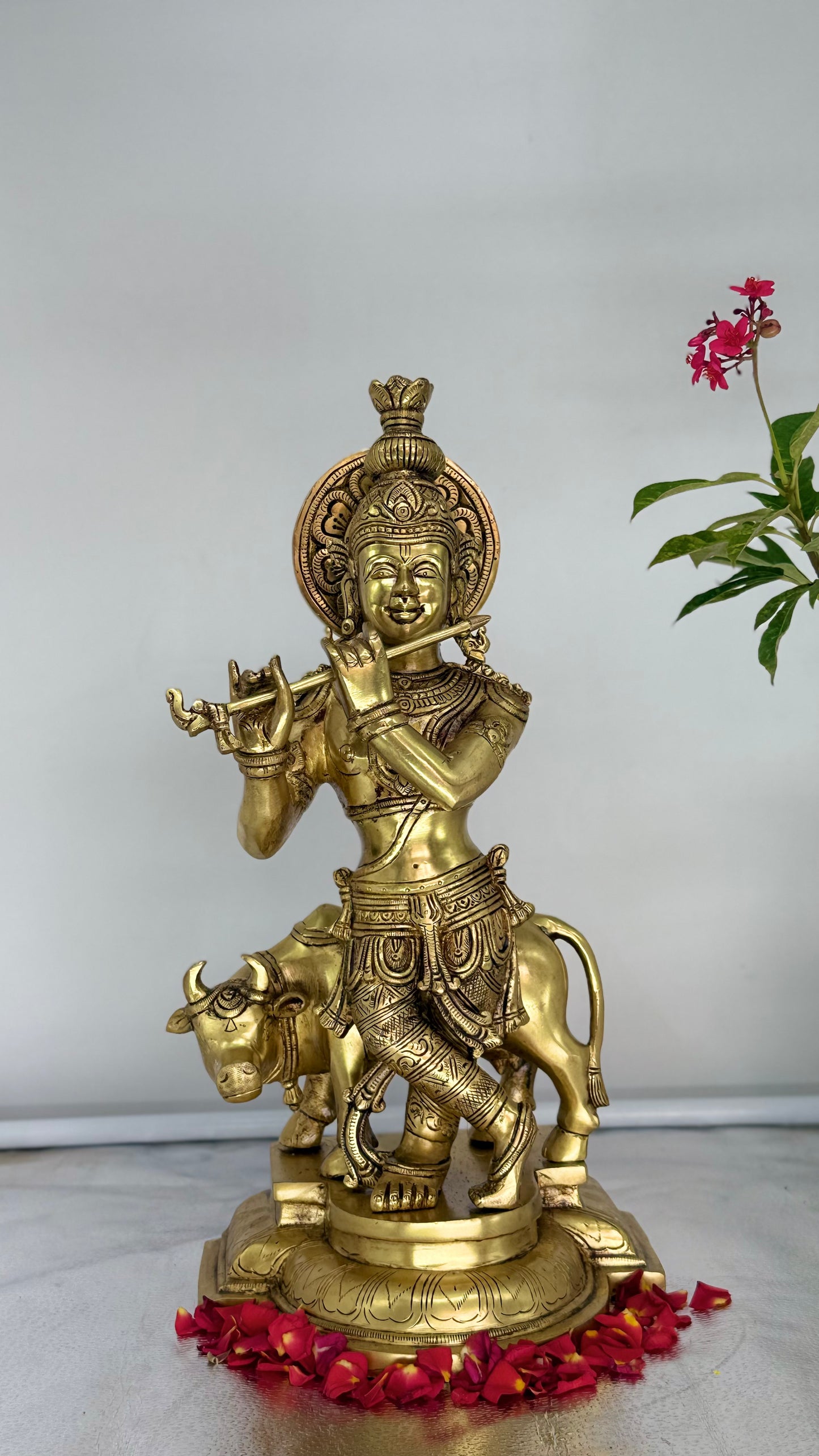 Brass Lord Krishna with Cow Idol (Venugopala)
