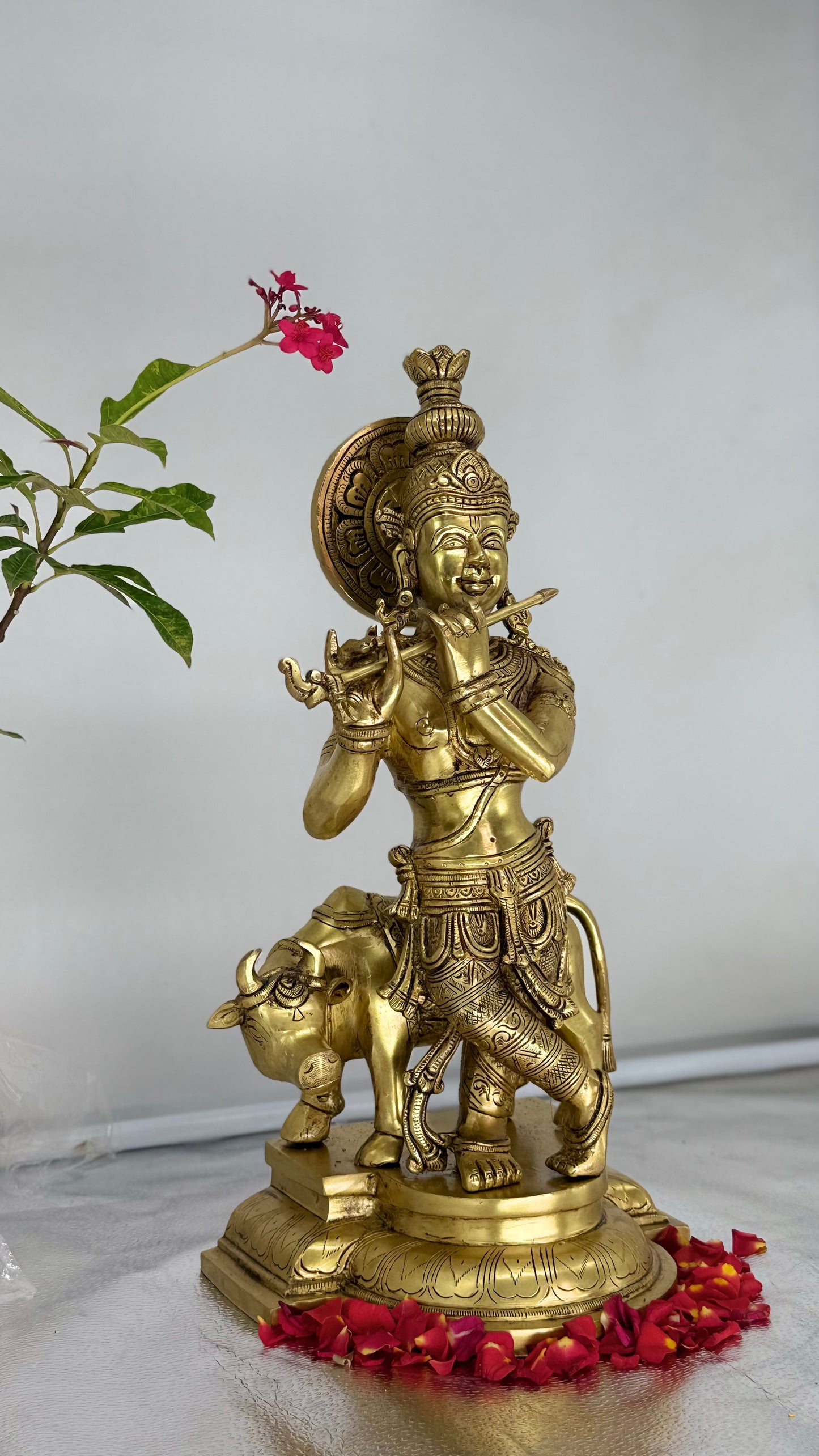 Brass Lord Krishna with Cow Idol (Venugopala)