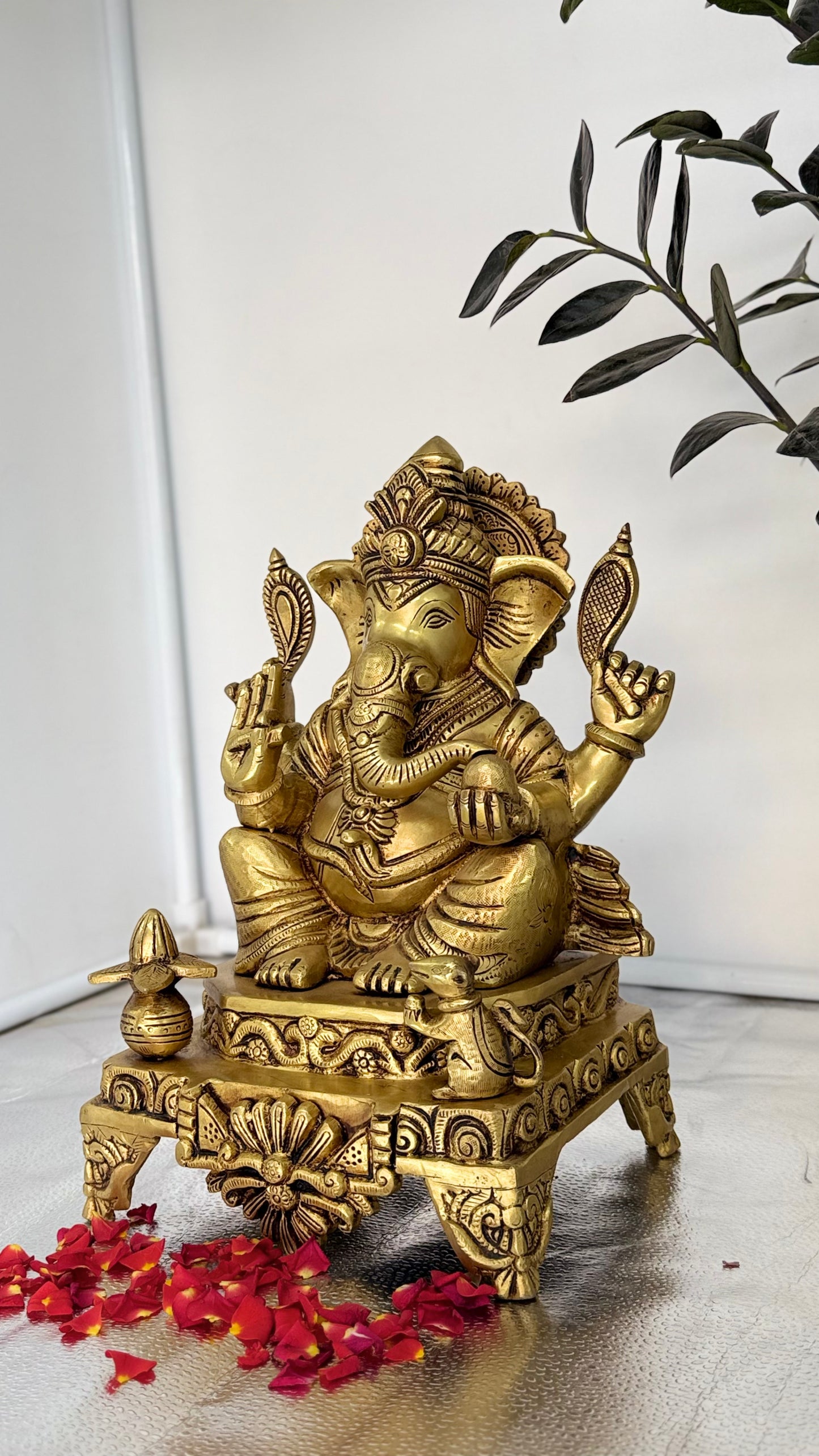 Large Brass Lord Ganesha Statue on Throne - Vighnaharta Murti for Home, Office Puja & Good Luck