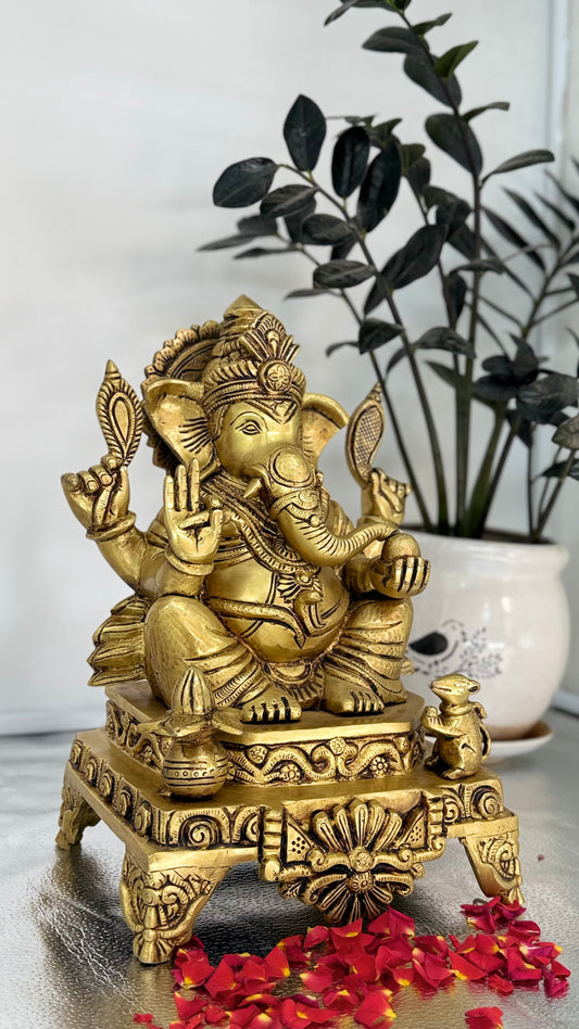 Large Brass Lord Ganesha Statue on Throne - Vighnaharta Murti for Home, Office Puja & Good Luck