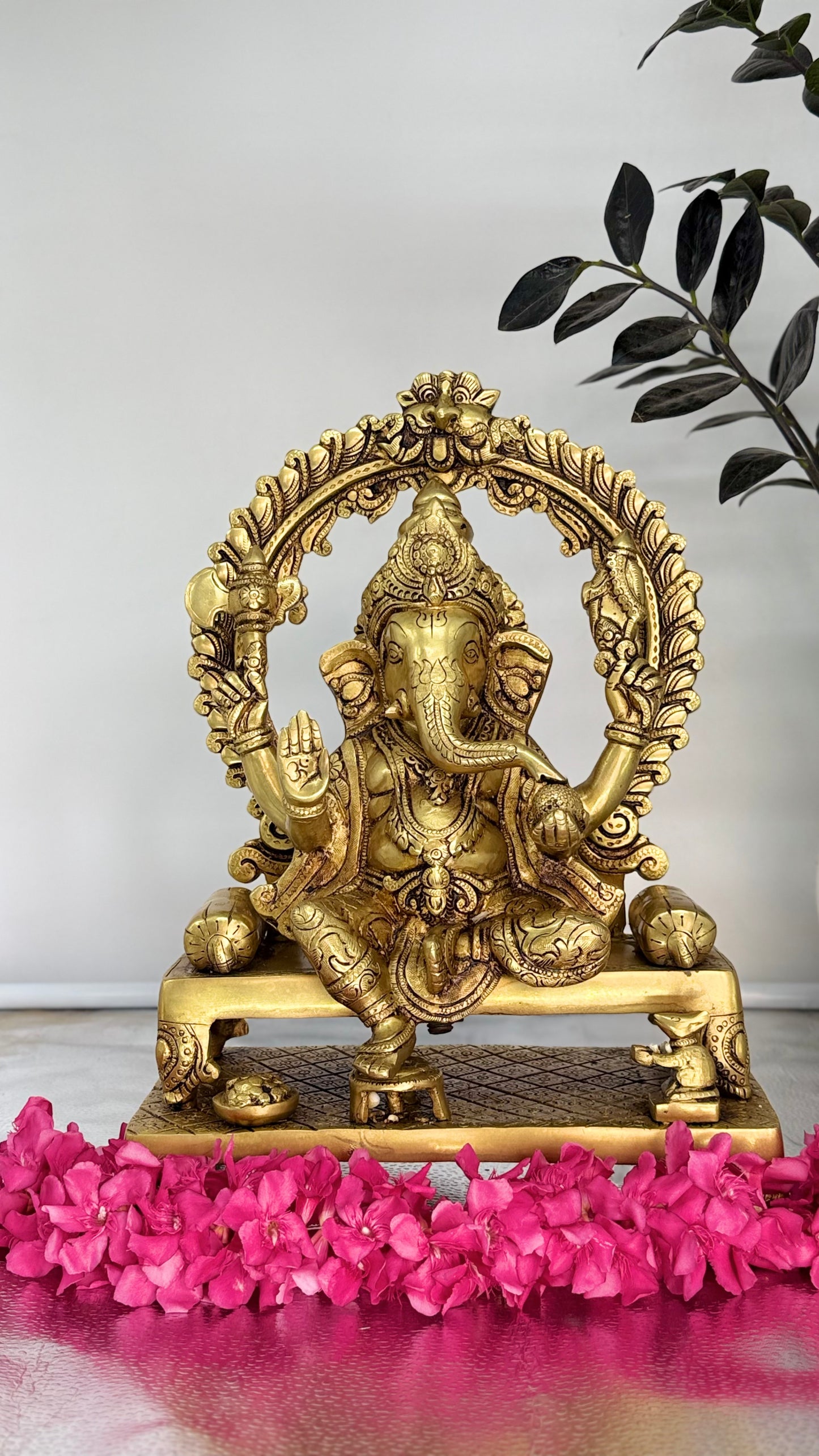 Majestic Seated Brass Ganesha with Ornate Arch – Divine Elegance for Your Home Temple & Decor