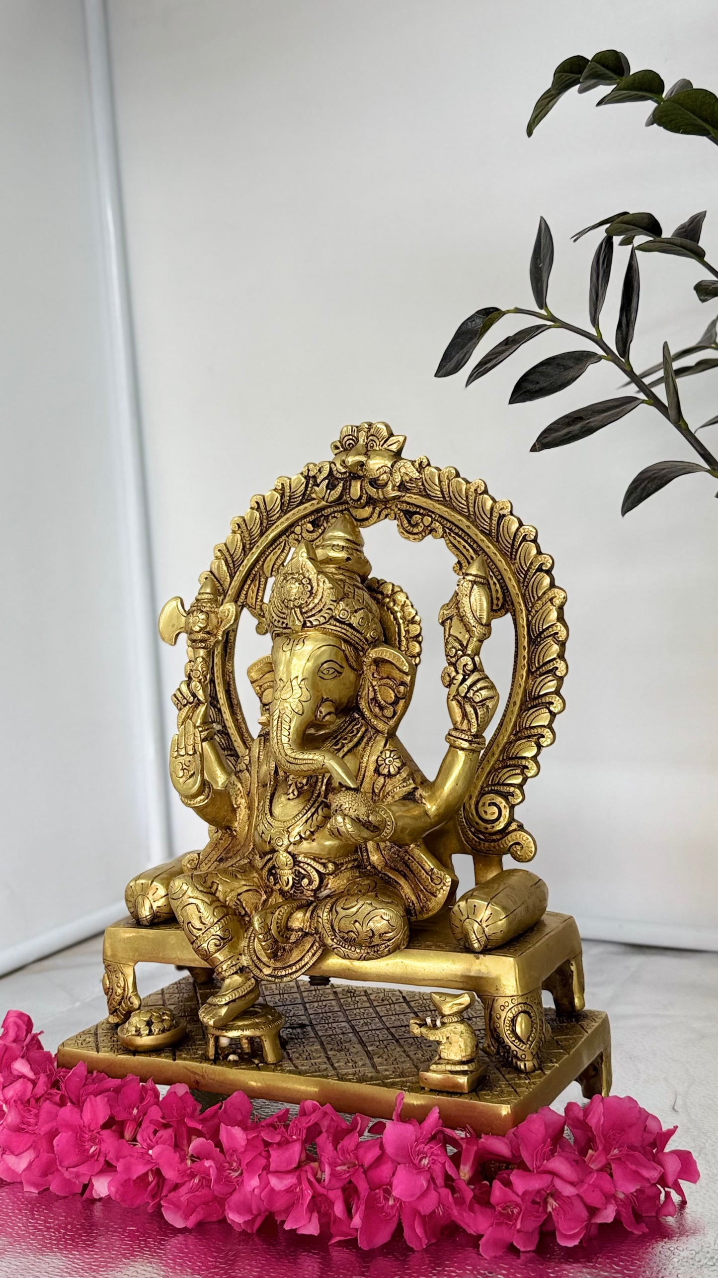 Majestic Seated Brass Ganesha with Ornate Arch – Divine Elegance for Your Home Temple & Decor