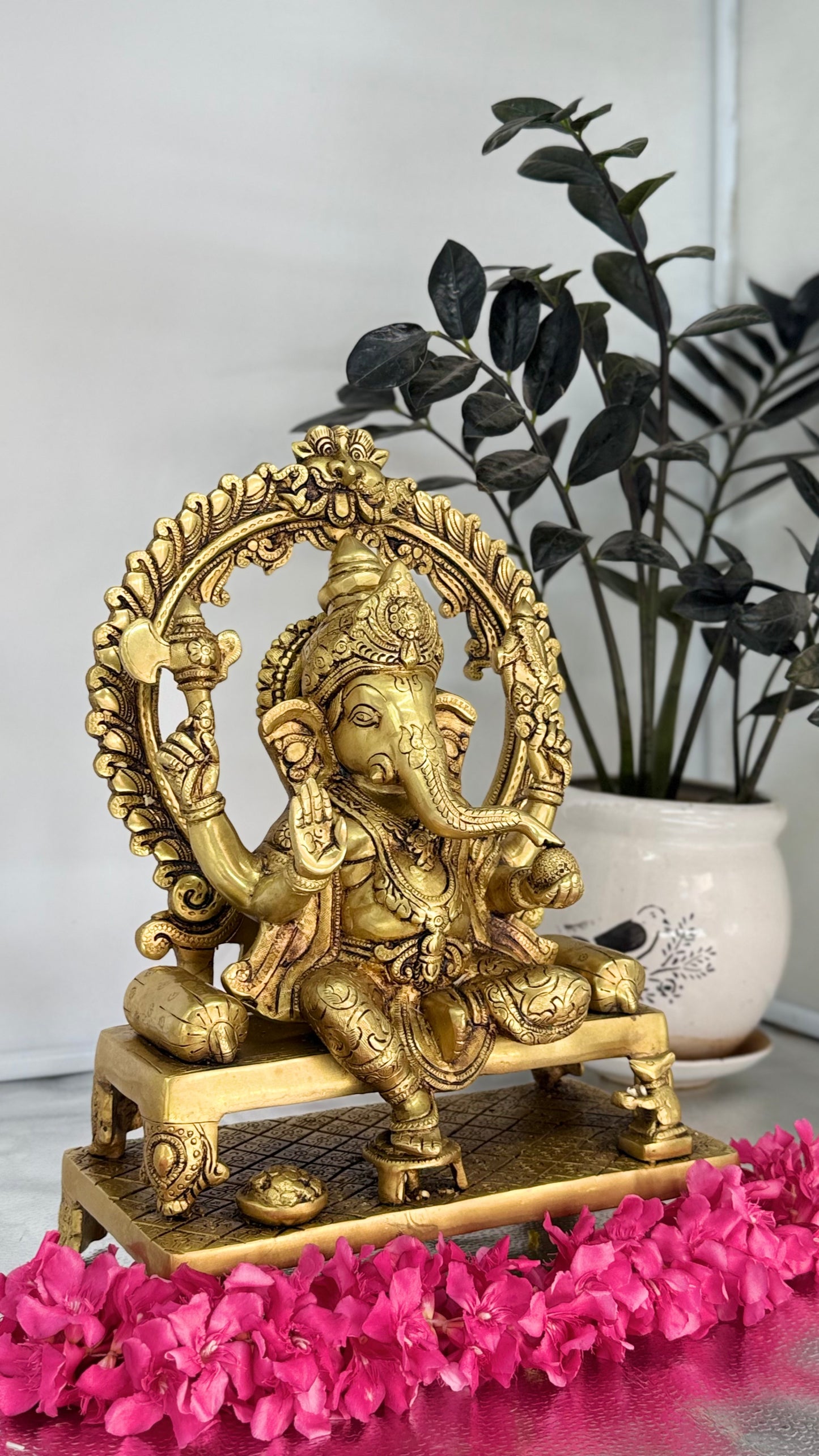 Majestic Seated Brass Ganesha with Ornate Arch – Divine Elegance for Your Home Temple & Decor