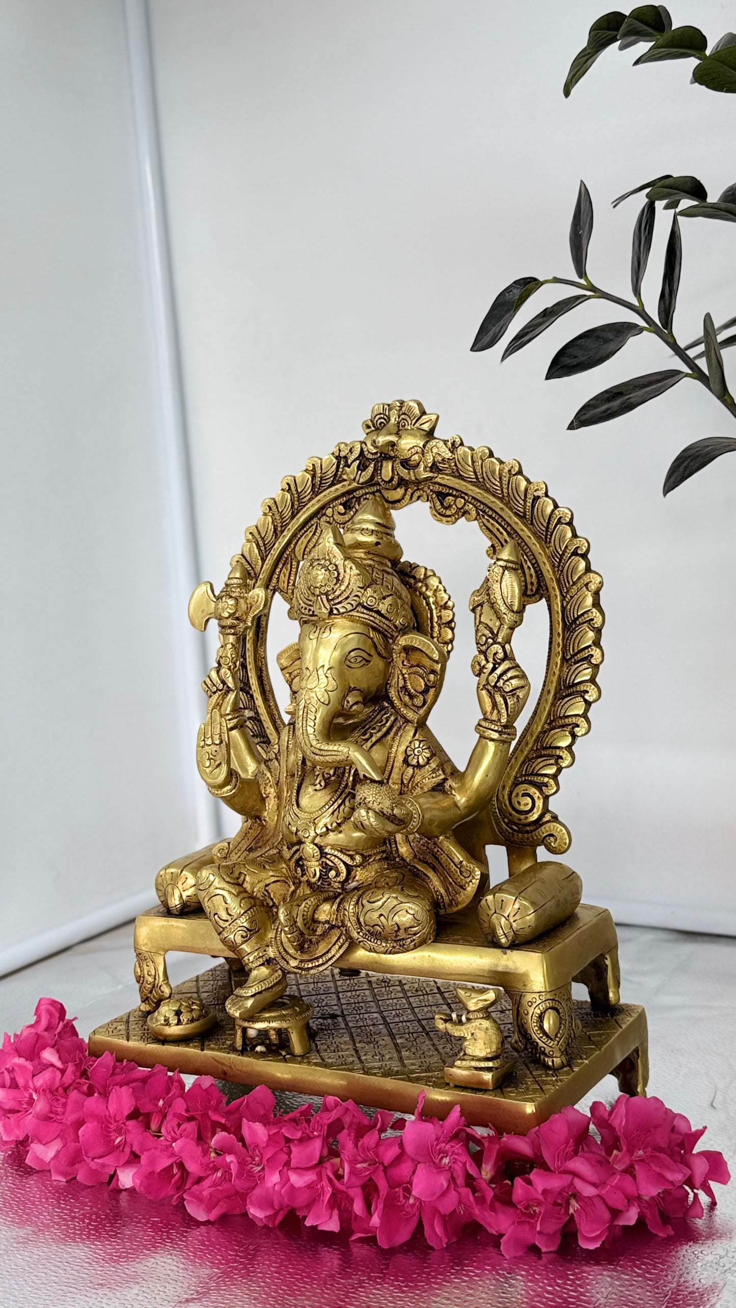 Majestic Seated Brass Ganesha with Ornate Arch – Divine Elegance for Your Home Temple & Decor